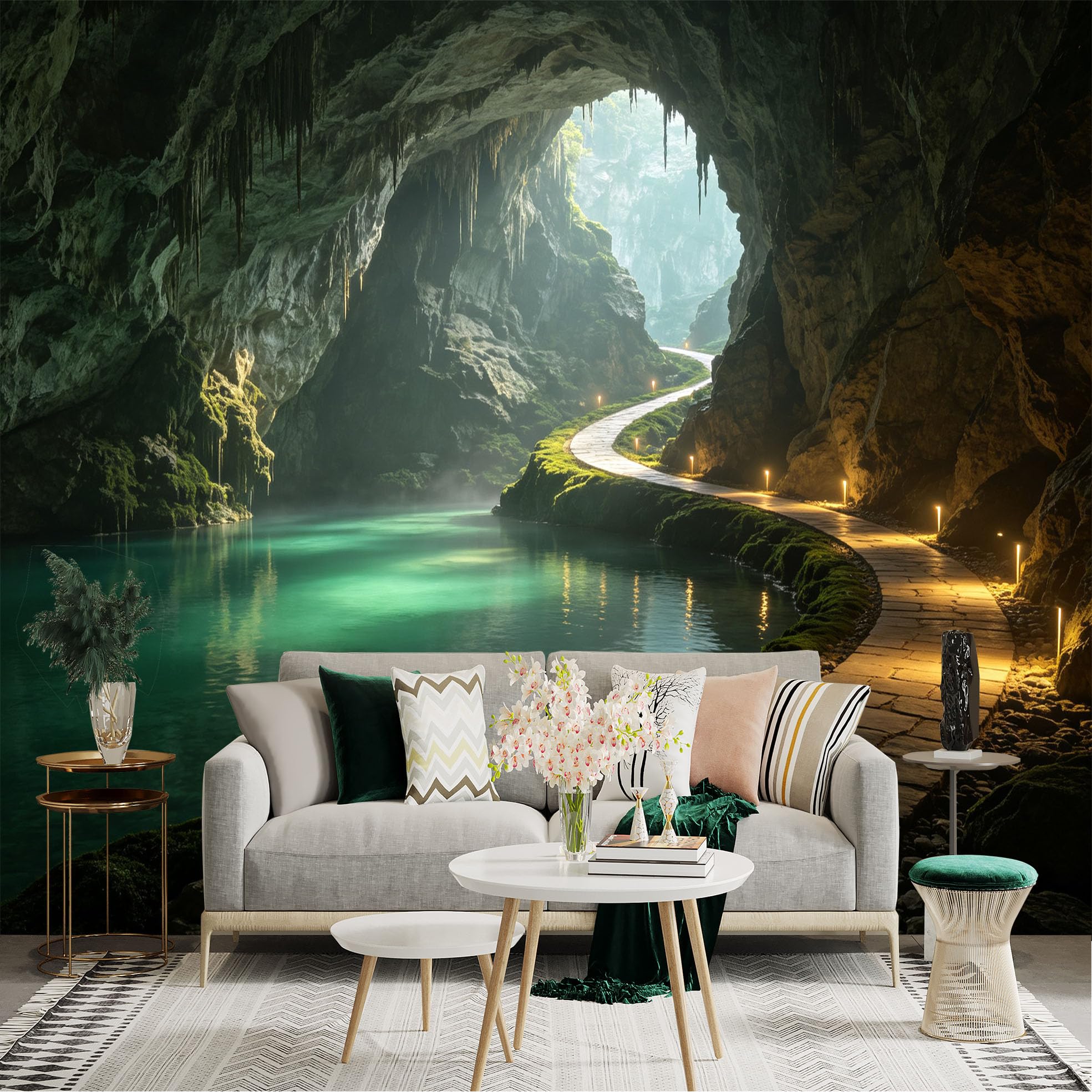 Custom Size Wall Sticker Mural， Mysterious Limestone Cave， Underground River with Stone Path， Illuminated Natural Grotto， for wall Decoration， peelandstick wall Decals.