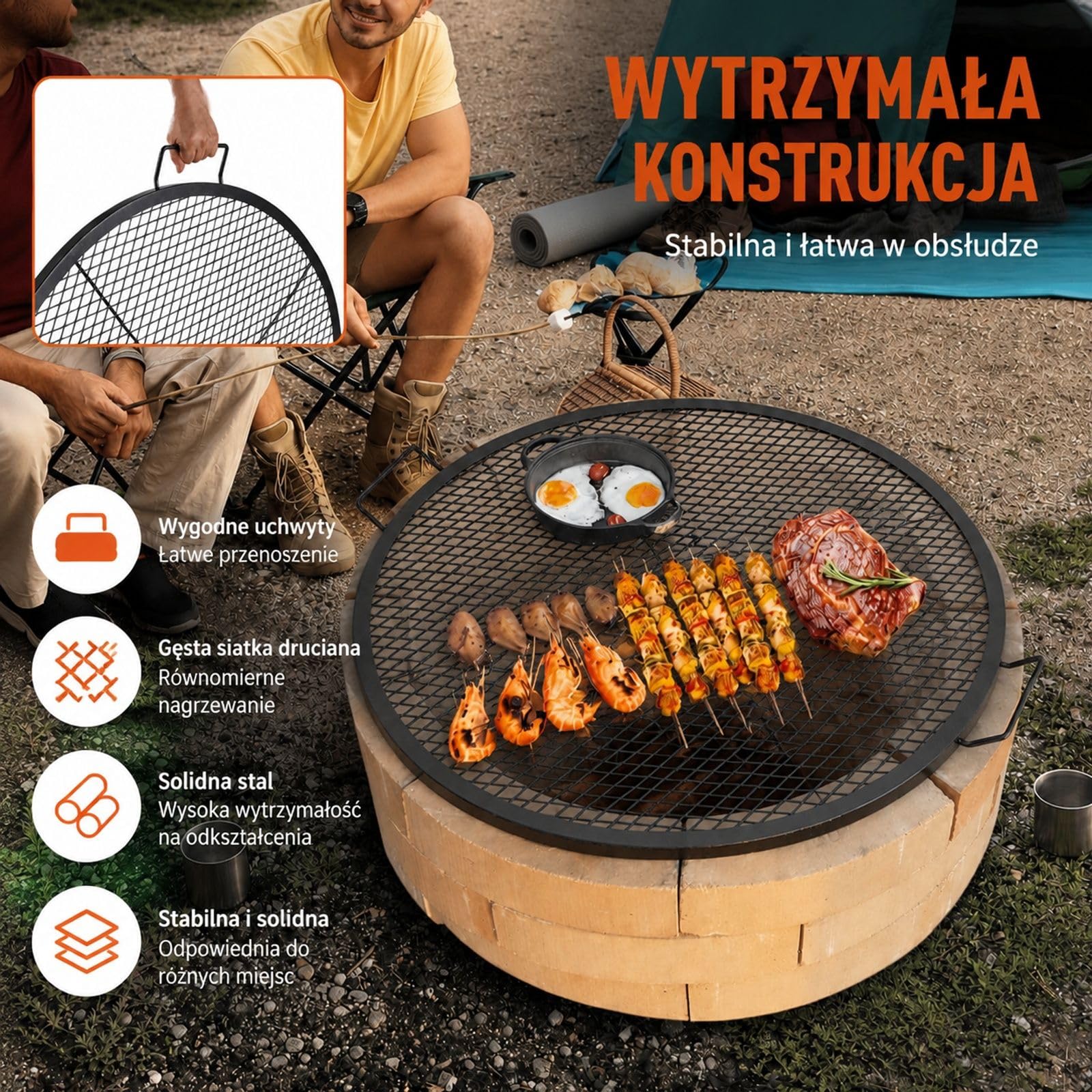 Okrągły stalowy ruszt do paleniska, czarna siatka z uchwytami i podporą X-wire do kempingu, imprez plenerowych oraz spotkań