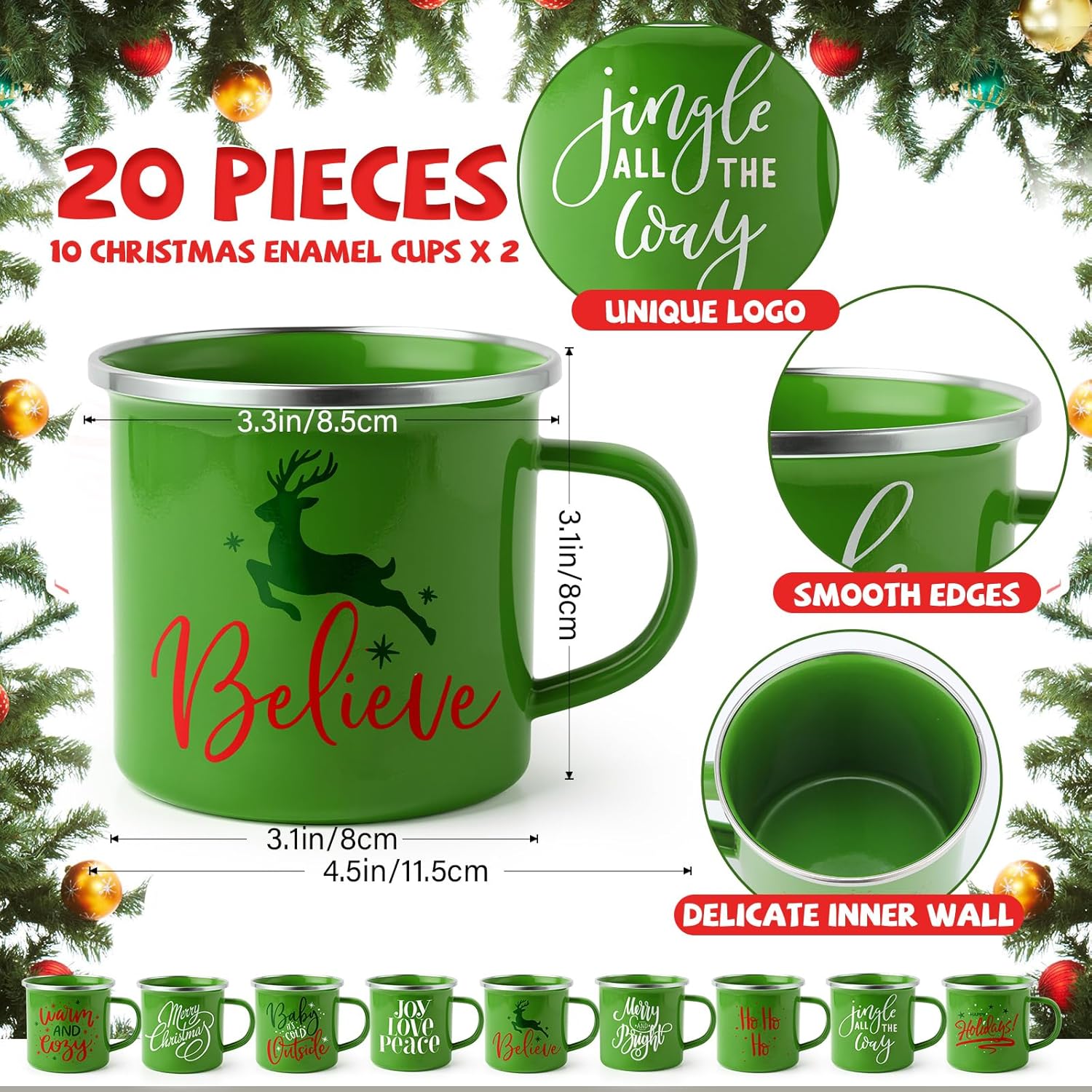 Uiifan 20 Pcs Christmas Enamel Mugs Bulk Cute 12 oz Galvanized Steel Festive Funny Novelty Coffee Cup Merry Christmas Mug Gift Set for Women Coworkers Teachers Hot Chocolate Tea (White Green)