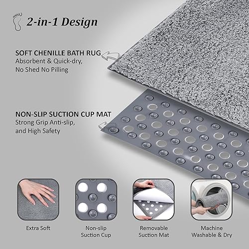 Miniatura 3 de Alfombra de baño pequeña 2 en 1, antideslizante, color gris, alfombra de baño para piso, alfombra de baño de felpilla de microfibra lavable, tapete