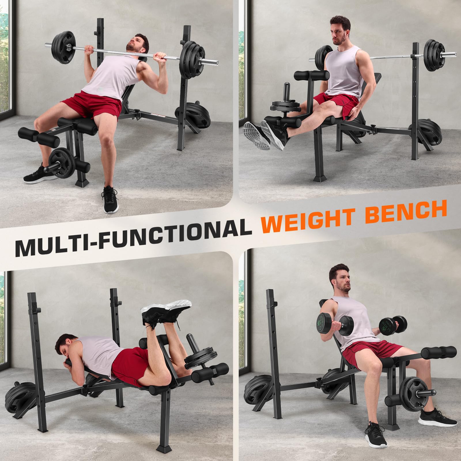 Weight Bench Set, Folding Workout Bench with Squat Rack Leg Extension & Leg Curl, Adjustable Back/Barbell Rack for Bench Press Strength Training, Flat Incline Decline Gym Bench