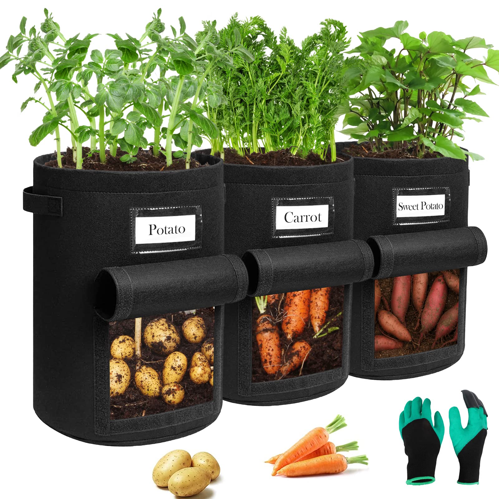 Airminti 3-Pack 10 Gallonen Kartoffel Pflanzsack, Pflanzbeutel mit Stabilen Griffen und Visualized Flap, Verdickte und Atmungsaktive Vliestöpfe mit Gartenhandschuhe für Tomaten, Kartoffeln