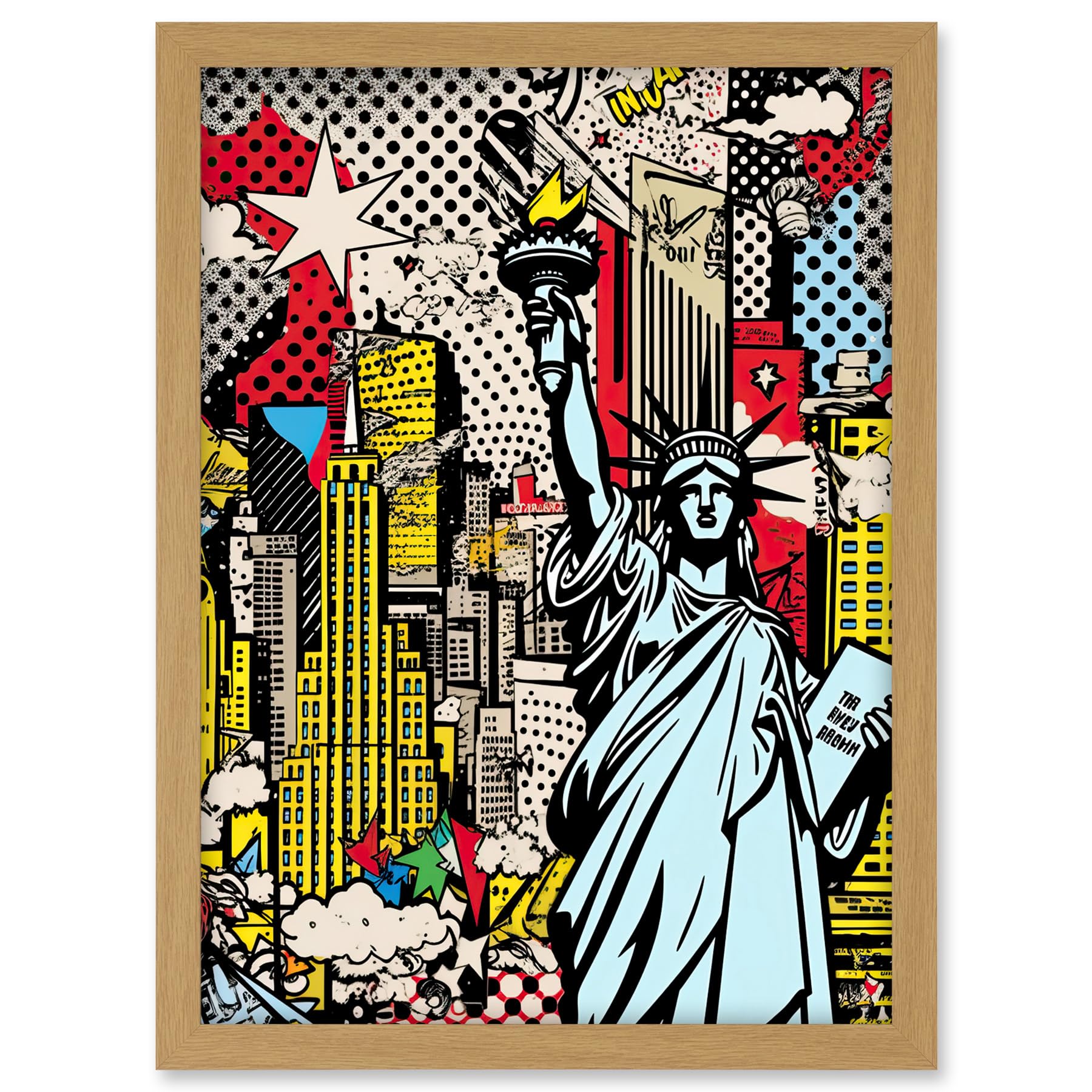 Artery8 New York City Skyline Statue of Liberty Pop Art Comic Book Style American Dream Artwork Framed A3 Wall Art Print