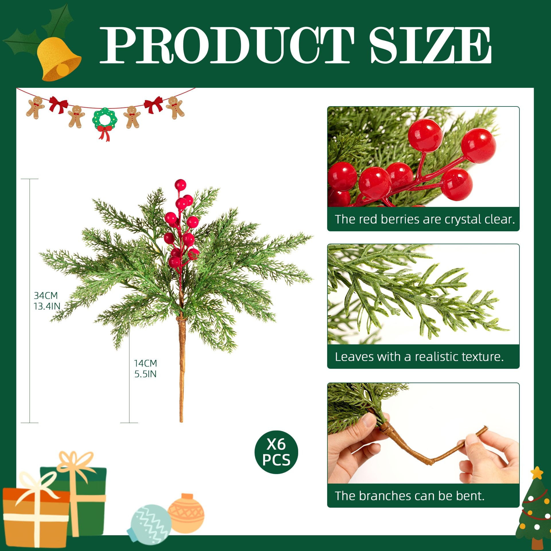 Künstliche Norfolk-Kiefernstiele mit roten Früchten, 6 künstliche Zweige für DIY-Kranz, Weihnachten, Neujahr, Urlaub, Dekoration, Kamindekoration, Innenbereich, Heimdekoration, 34 cm (ohne