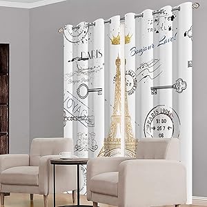 MESHELLY Paris Eiffel Tower 70% Blackout Curtains 52(W) x 84(H) Inch Grommet Vintage Girls Keys Postmark Crown Silver White Gold Drapes for Bedroom Living Room Window Treatment Fabric 2 Panels…