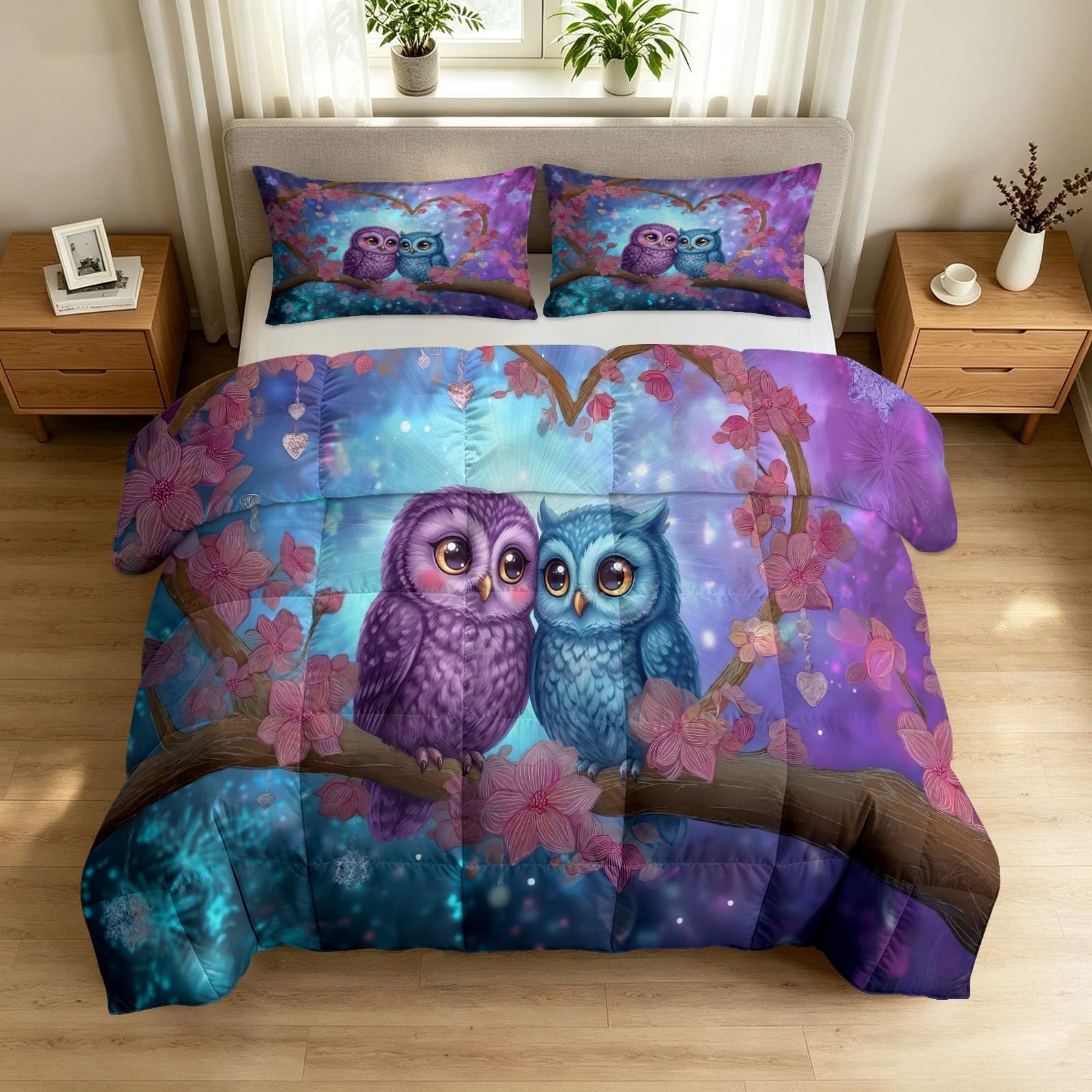 Generisch 200 x 200 cm 4 Jahreszeiten Bettdecke ohne Bezug, Fantasy Sternenlicht Steppdecke, Waschbar Atmungsaktiv Weiche - Tiere Eulen Pärchen Blumen Herzform Sommerdecke für Allergiker