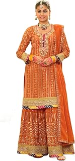 INDO ERA Women's Chinon Ethnic Motifs Embroidered Straight Kurta & Sharara with Dupatta Set (IEOUT191) Price In India