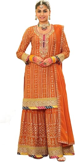 INDO ERA Women's Chinon Ethnic Motifs Embroidered Straight Kurta &amp; Sharara with Dupatta Set (IEOUT191)