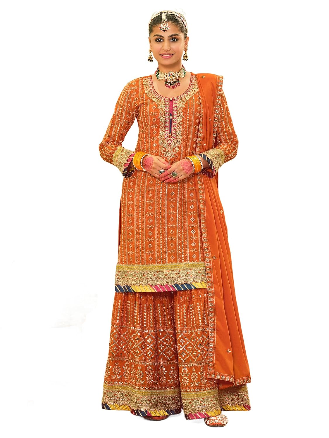 INDO ERA Women's Chinon Ethnic Motifs Embroidered Straight Kurta & Sharara with Dupatta Set (IEOUT191) - Review, Price and Buying Guide