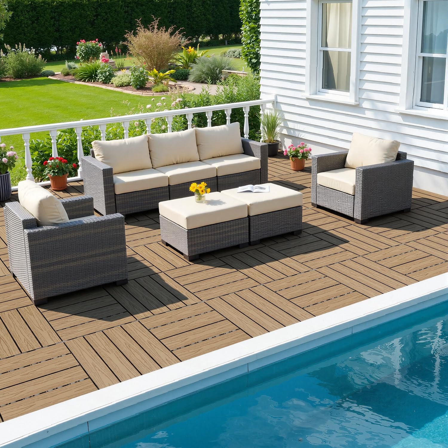Piastrelle per terrazze in WPC, 30 x 30 cm, 22 pezzi, per balconi da 2 m², resistenti alle intemperie, sistema a clic, impermeabili, per terrazze, esterni, teak