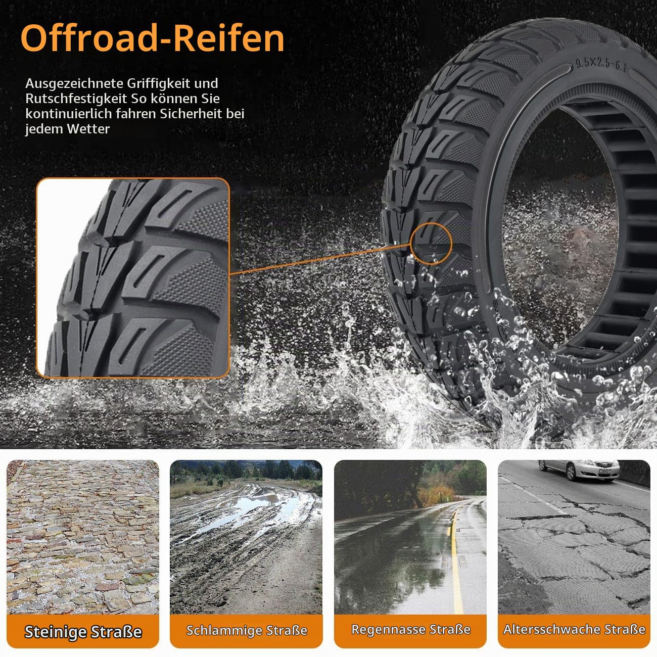 9,5 Zoll Vollreifen für NIU KQi 3, 9,5x2,5-6,1 Vollgummireifen Solide Reifen für NIU KQi3 Sport/Pro/Max Elektroroller Vorne oder Hinten Roller Ersatzreifen Wabenreifen (Schwarz-2 Stück)