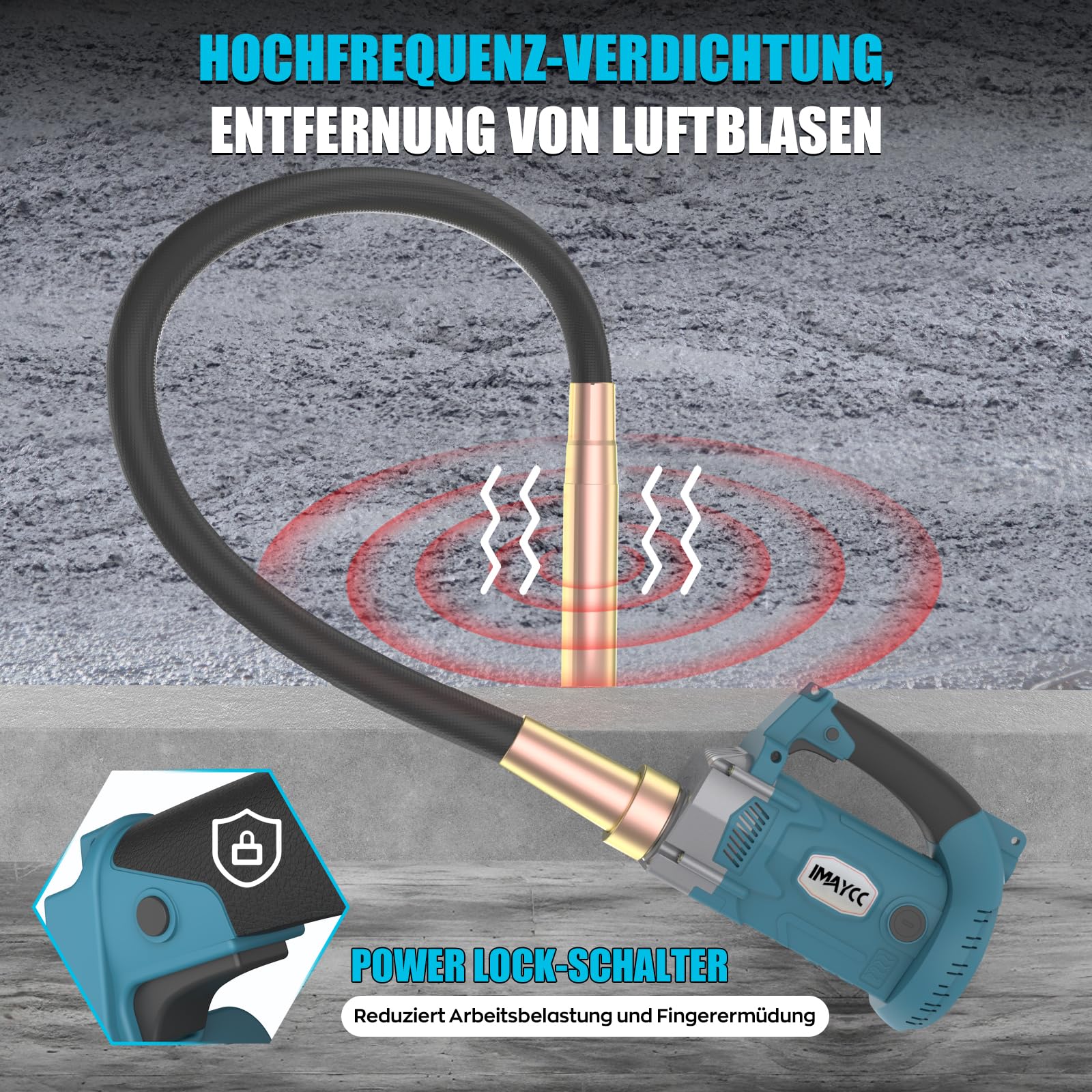 IMAYCC Tragbarer Elektrischer Betonrüttler Mit Kraftersparnisgurt, 1600W Hand Beton Rüttelflasche, 2M langer Kupferstange Betonwerkzeuge Beton Rüttelflasche für Betonbauanlässe wie Straßen,Haus usw