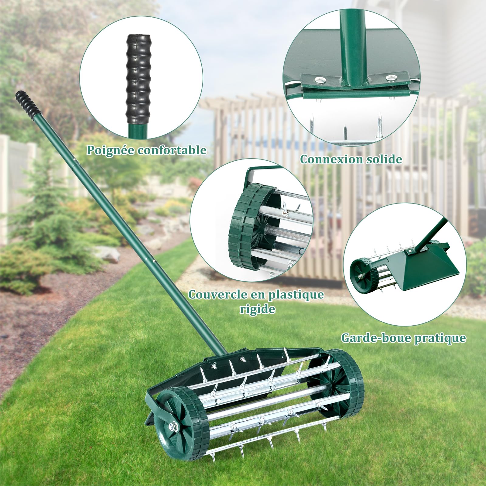 COSTWAY Aérateur à Gazon Roulant de 46 cm, Scarificateur Manuel à Pointes Rotatives avec Large Écran de Protection Longue Poignée pour Pelouse Gazon Jardin 46 x 15 x 127 cm, Vert