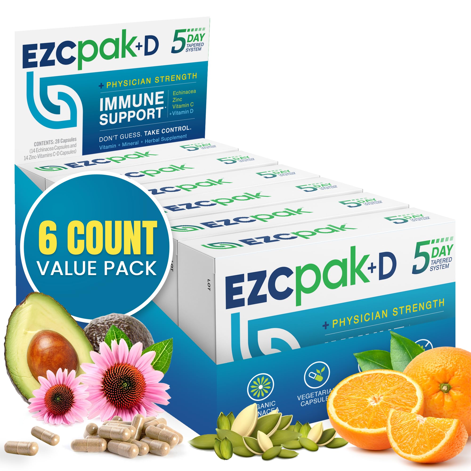 EZC Pak 5-Day Immune System Booster with Echinacea, Vitamin C, Zinc & Vitamin D - Tapered Immune Support Supplement for Adults - Supports Immunity, Easy Travel-Size Supplement Pack - (Pack of 6)