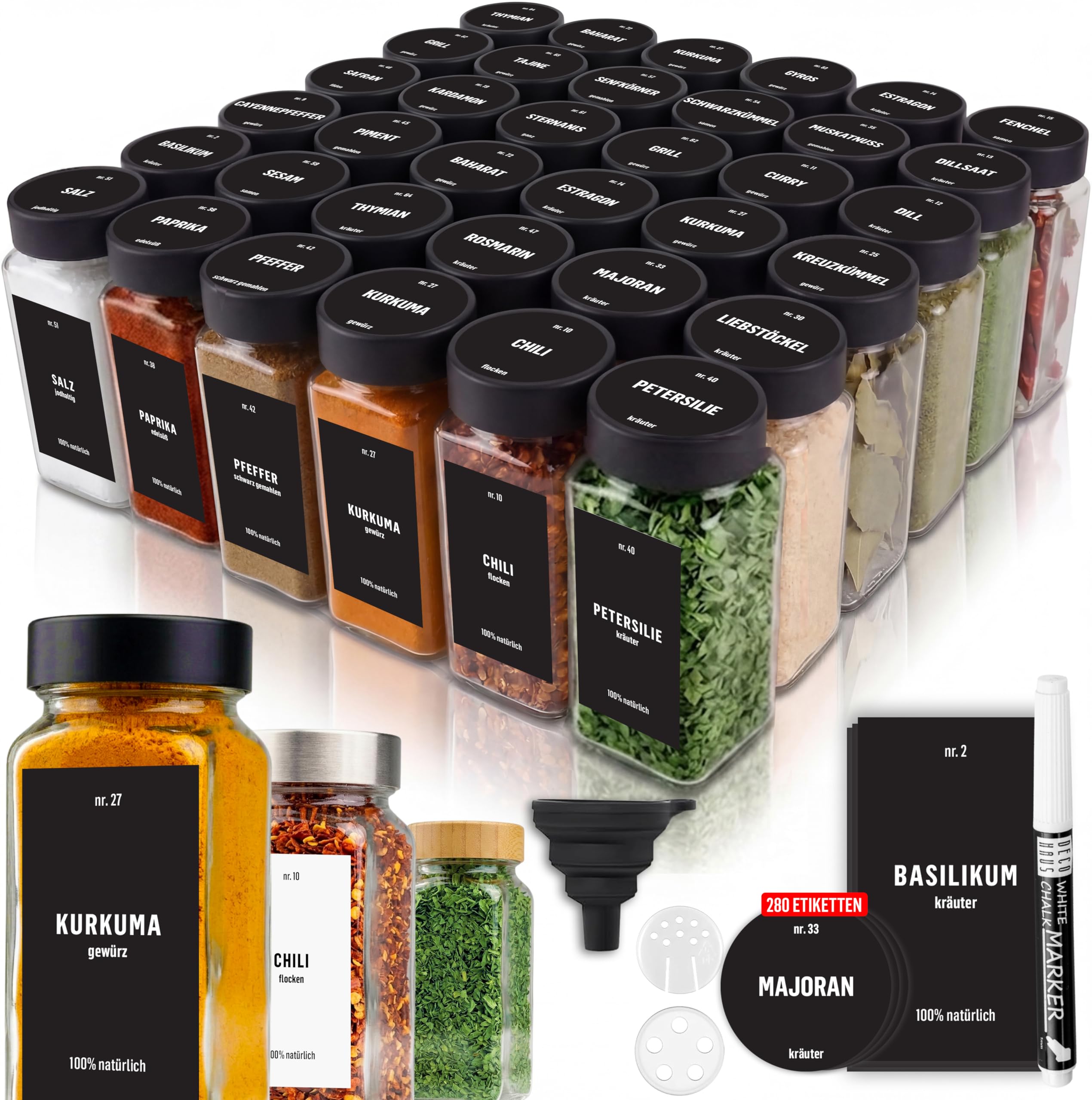 Deco haus® Gewürzgläser eckig luftdicht [inkl. Etiketten & Streueinsatz] - Gewürzdosen Set Glas - Gewürzbehälter Spice Jars - Gewürze Aufbewahrung - Gewürz Organizer - Gewürzaufbewahrung
