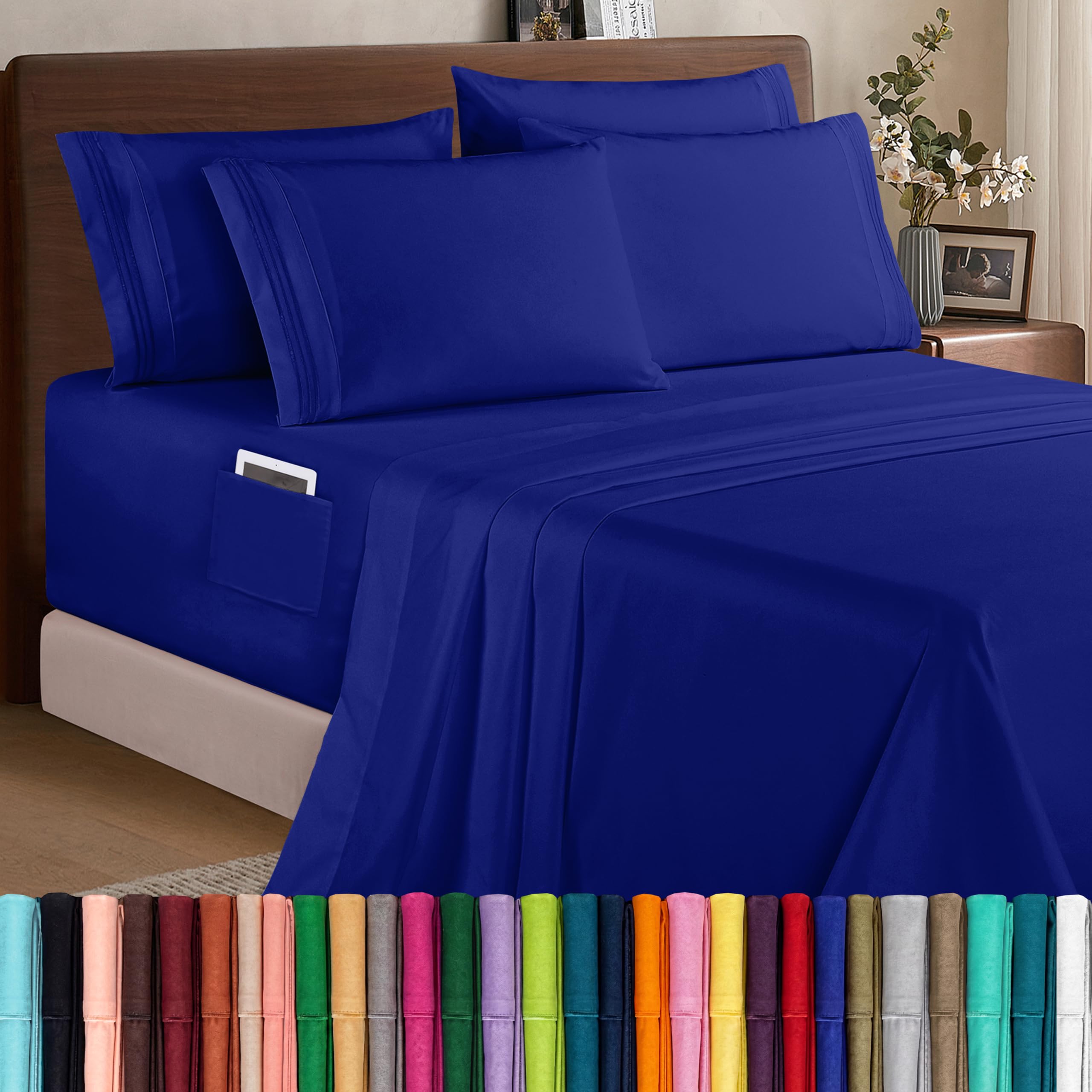 Elegant Comfort 1500 Premium Quality 6-Piece Bed Sheet Set - 18-24 Inch Extra Deep Pocket, Smart Storage Pockets, Wrinkle Free Ultra Soft 6PC Extra Deep Pocket Sheets, King, Royal Blue