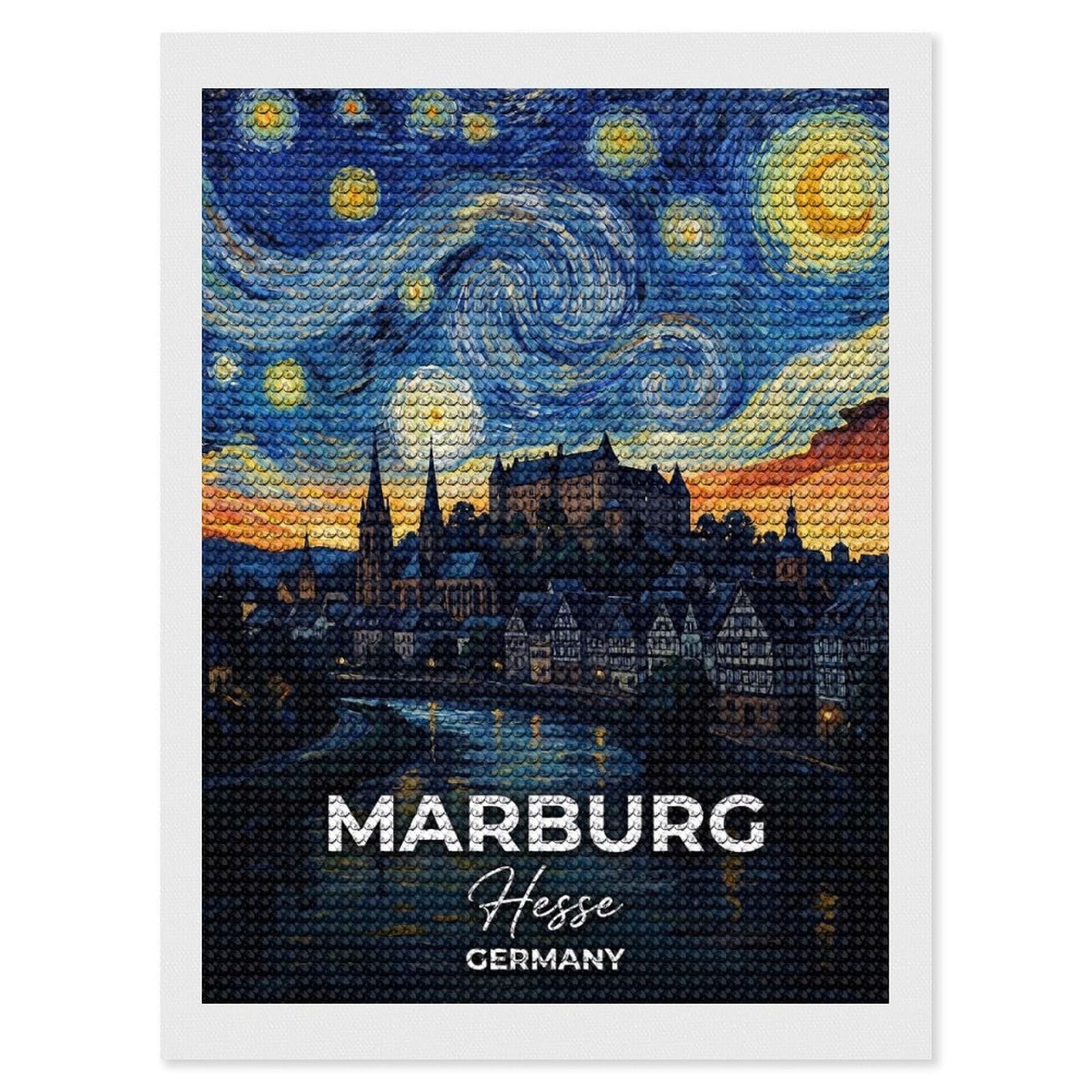 Junmoney Marburg Hesse Germany Starry Night Painting Diamond Painting Canvas Set 12"x16", for Craft Lovers, Decorate Your Room, Festive Craft Gift, Vintage Style Decor
