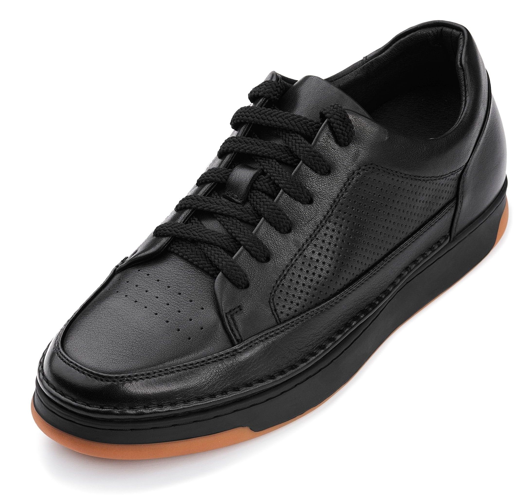 CALTO Men's Invisible Height Increasing Elevator Shoes - Noir/Black & Gum Sole Premium Leather Leather Lace-up Fashion Sneakers - 2.6 Inches Taller -