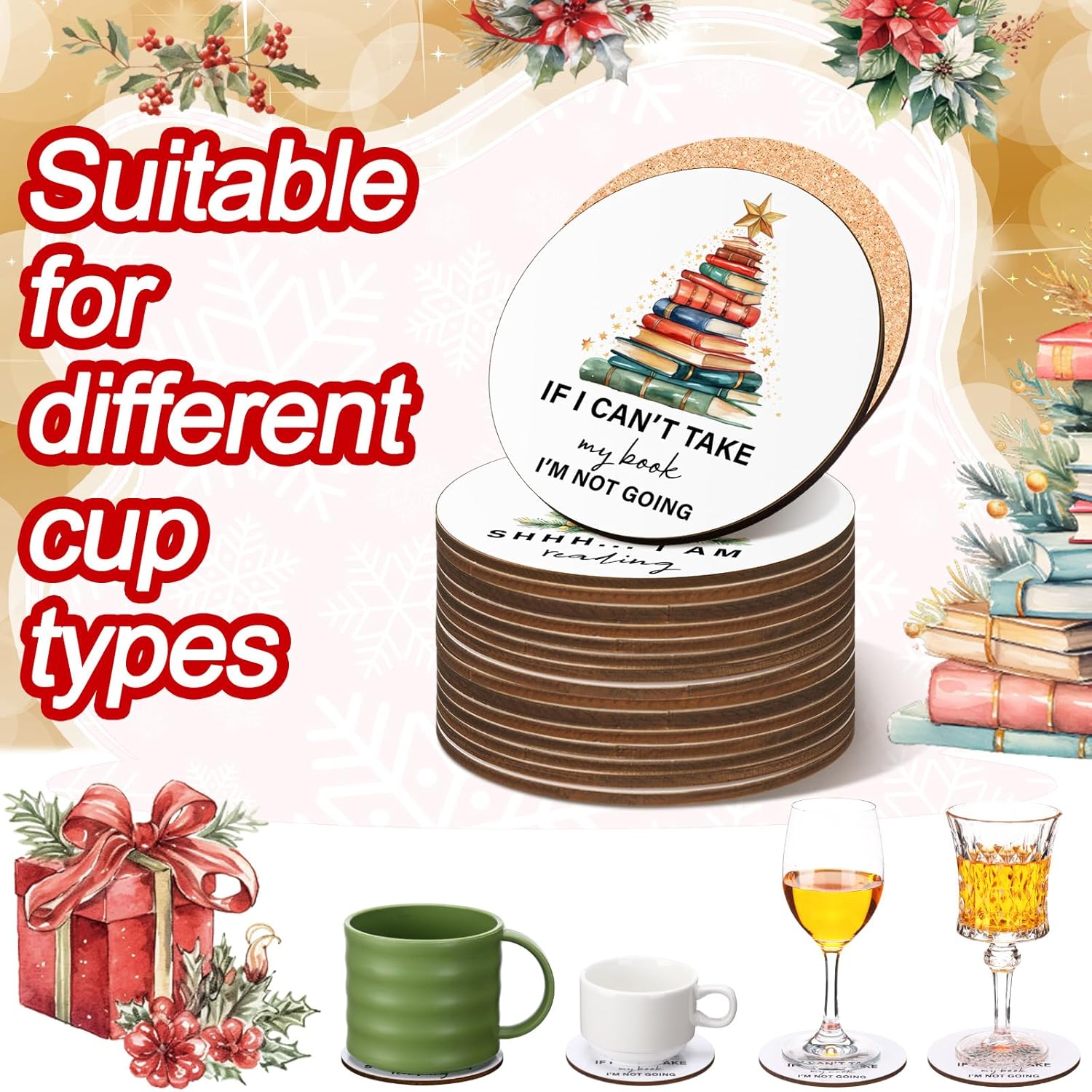 Hushee 8 Pcs Book Lovers Coaster Gifts Wooden Coffee Mug Coaster Favor for Librarian Bookish Merch Bookish Group Library Supplies Decoration Reading Club Favor Book Lovers Gifts(Christmas Tree) - Image 3