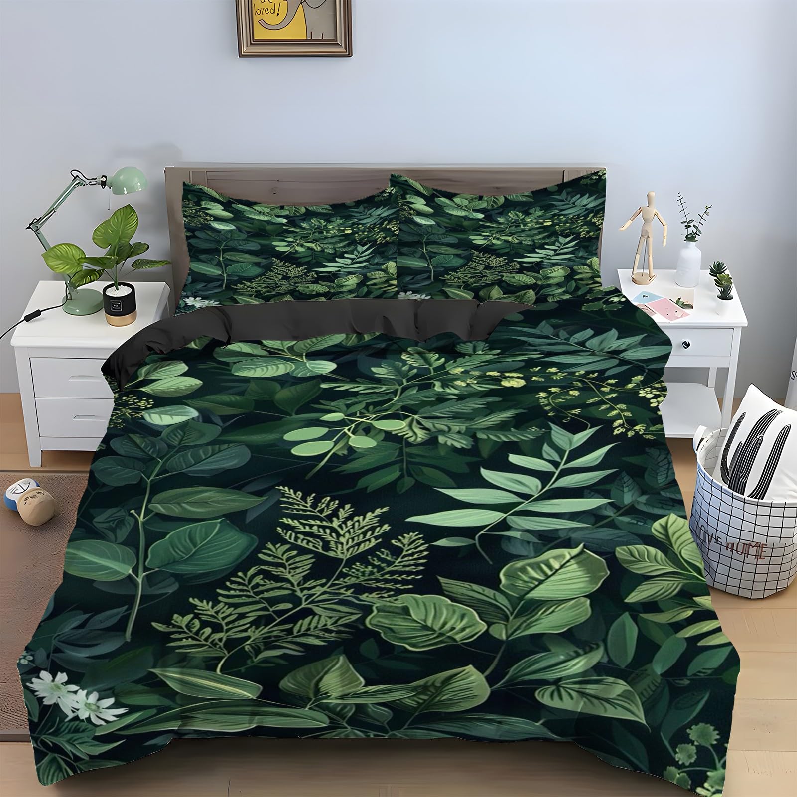 Parure de lit 90x190 feuille vert avec housse de couette en microfibre et 2 taies d'oreiller