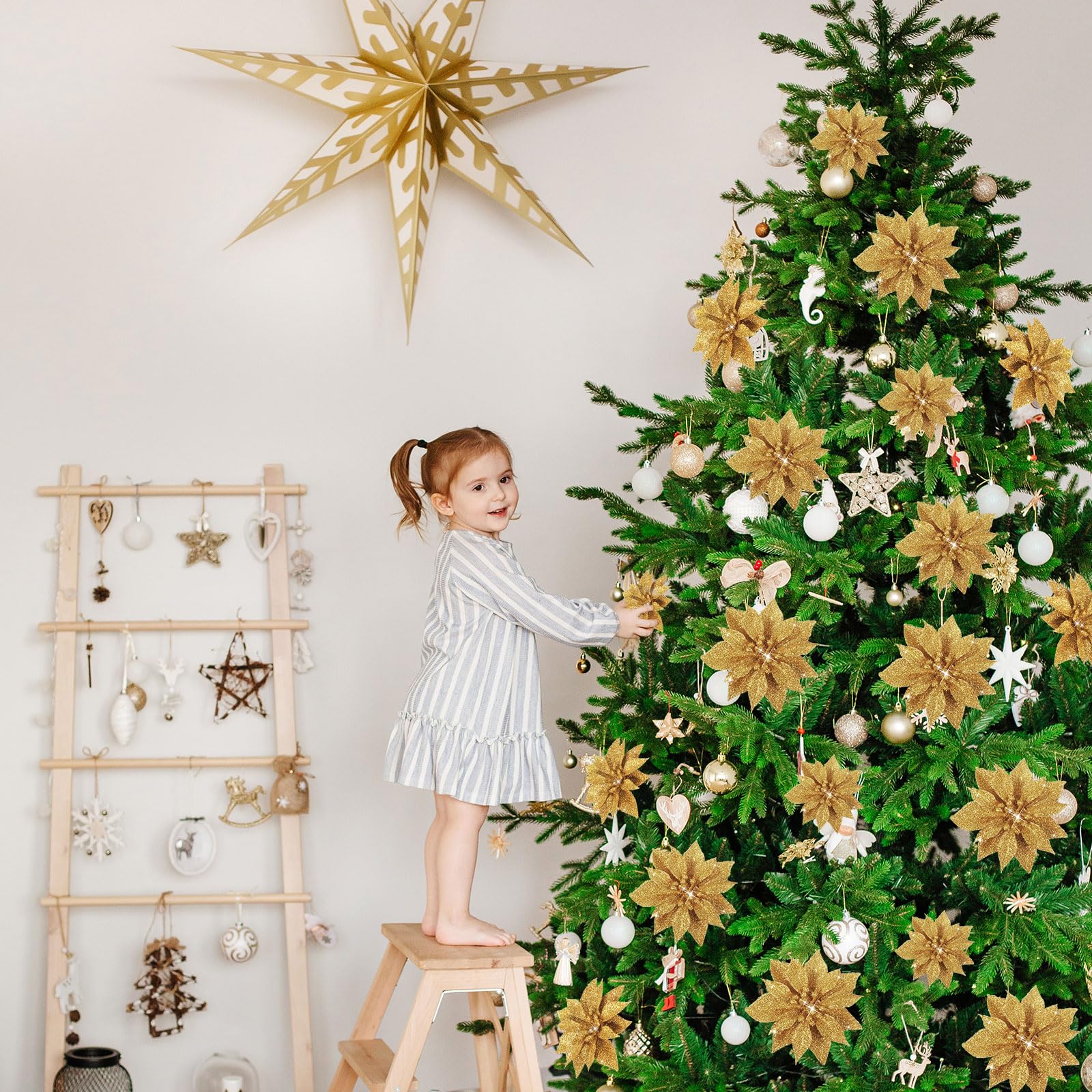 Chunyin 24 Pcs 3 Sizes Christmas Glitter Artificial Poinsettia Flowers with Clips Xmas Magnolia Decorations Tree Ornaments for Wedding Party Wreath Decors (Gold) - Image 4