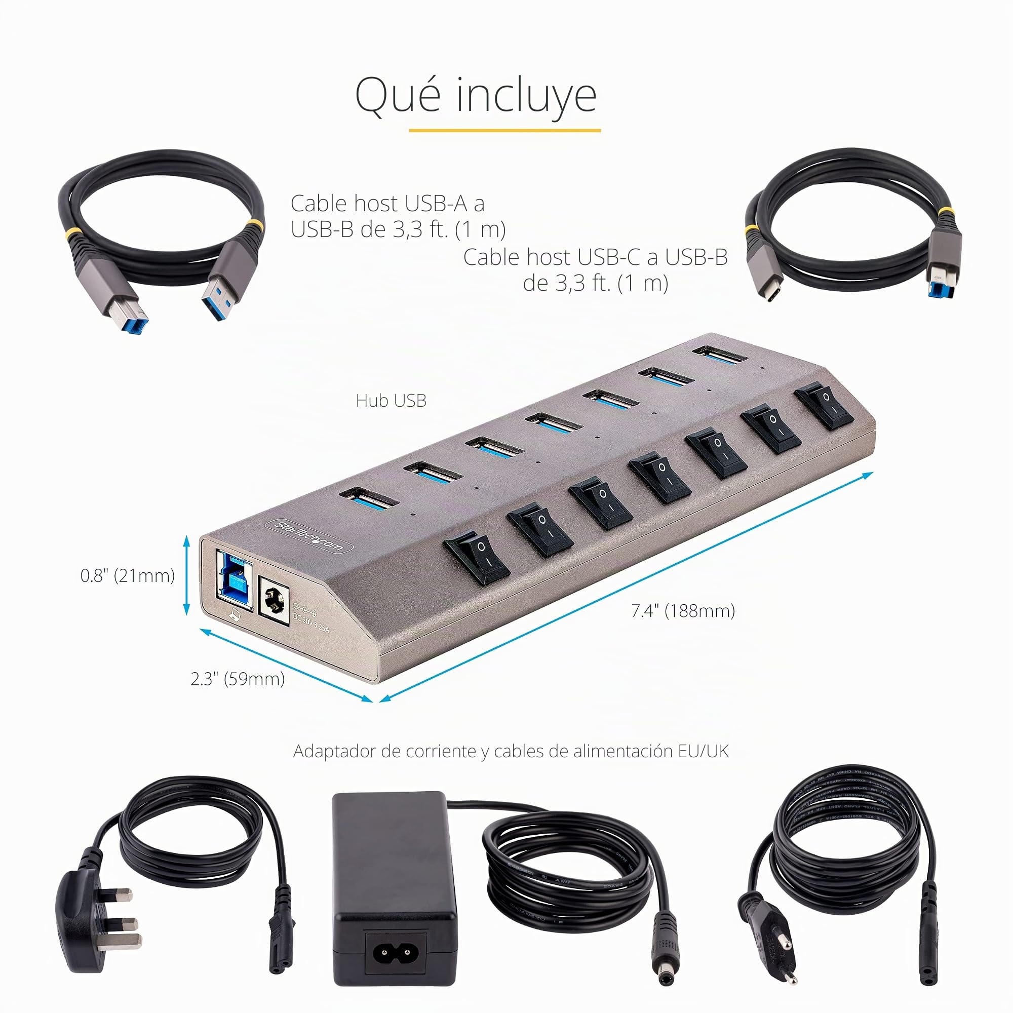 StarTech Hub USB-C 7 Puertos 5Gbps Autoalimentado (5G7AIBS-USB-HUB-EU) | Adaptador de 65W incluido, USB 3.0 (3.2 Gen 1), Cables host USB-C y USB-A de 1m, Ideal para SSD, memorias USB y webcams