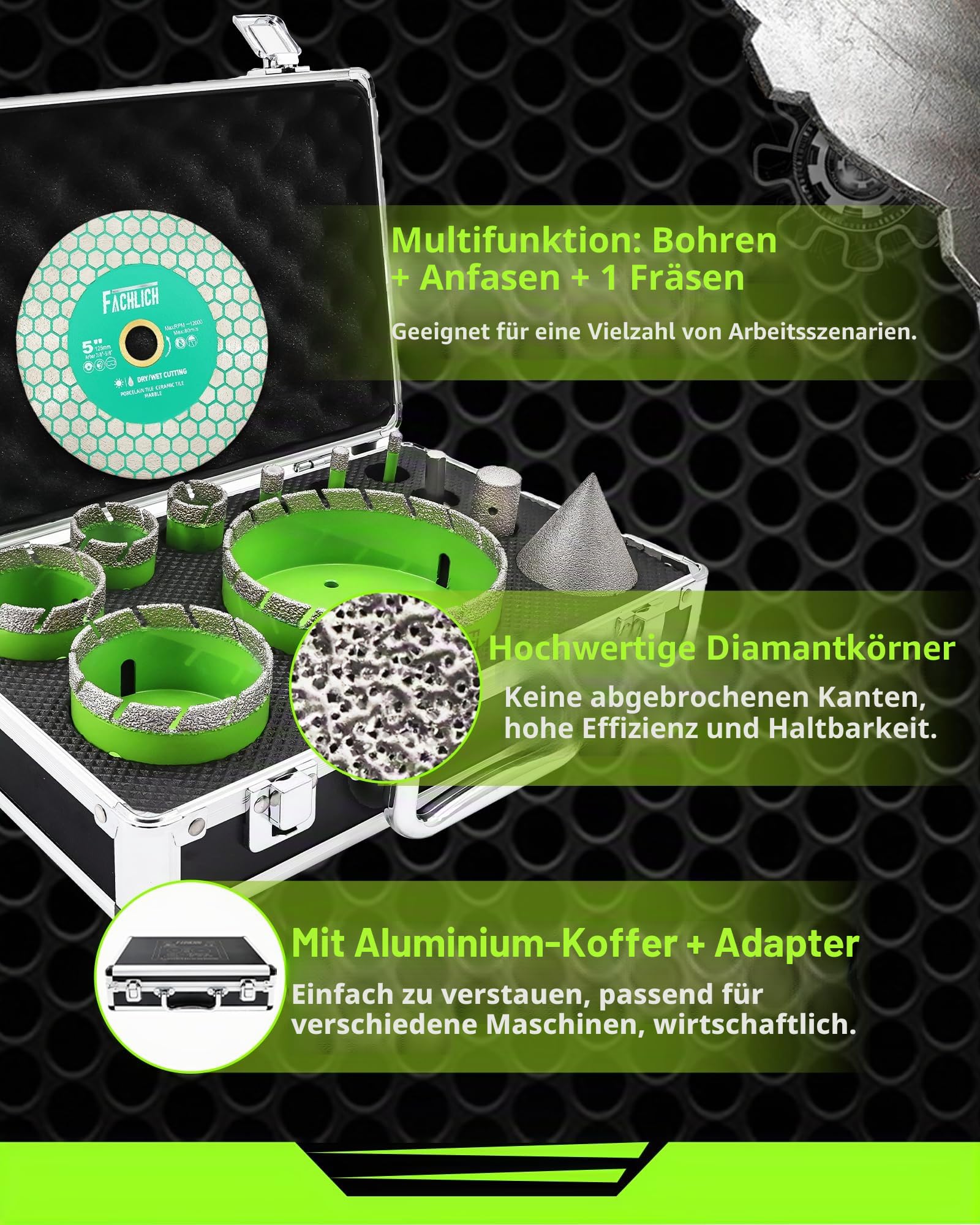 Diamant Fliesenbohrer Set – Diamantbohrer Lochsge 6/8/10/25/35/50/68/110mm mit Fingerbohrer und Fasenbohrer, M14 Fliesenbohrer für Porzellan, Keramik, Marmor und Granit