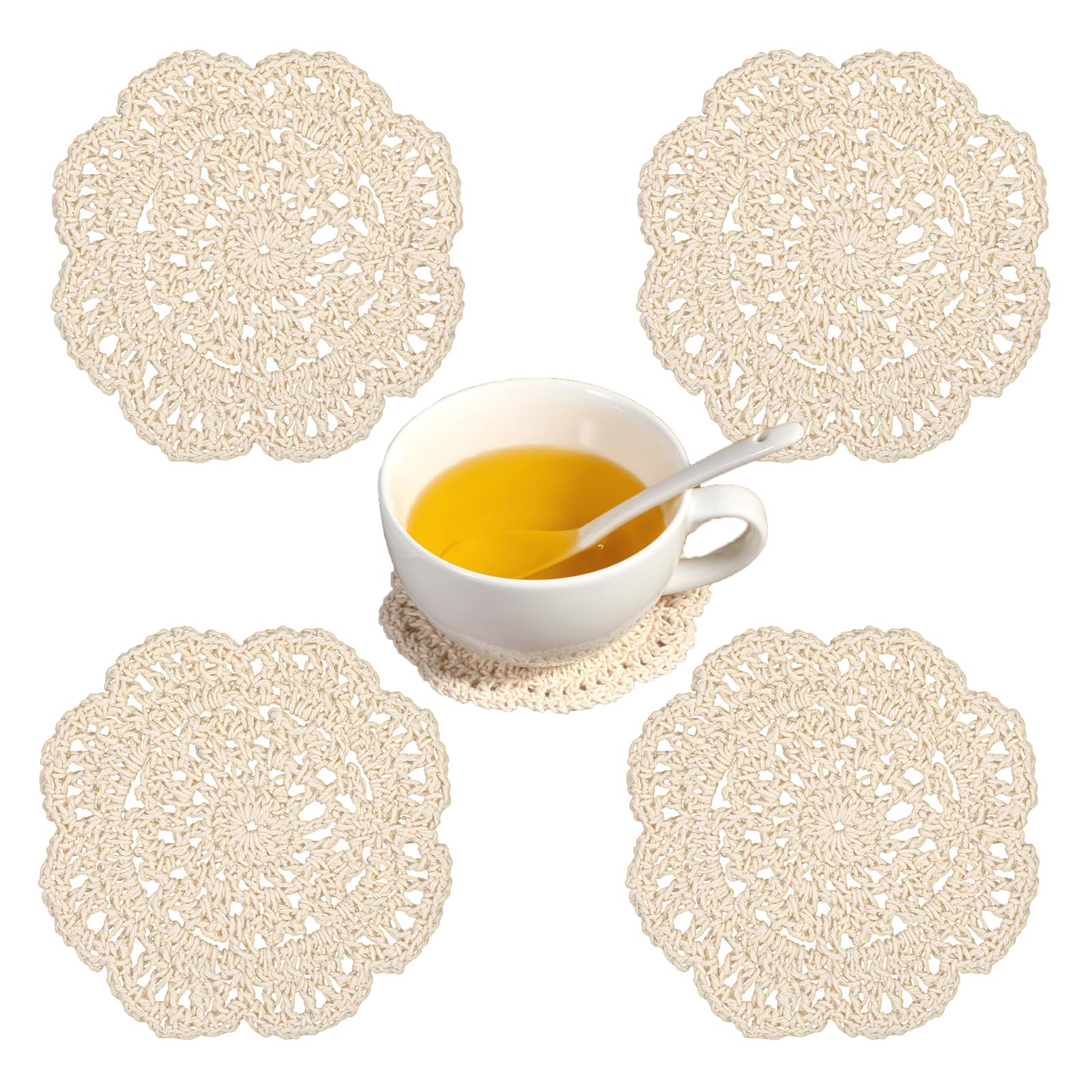 Crochet Coasters,Pink Lace Coasters Set, Decorative and Functional, Round Table Mats,Suitable for Home Decor, Dining Table Protection, Suitable for Gifting (Beige)-image-24