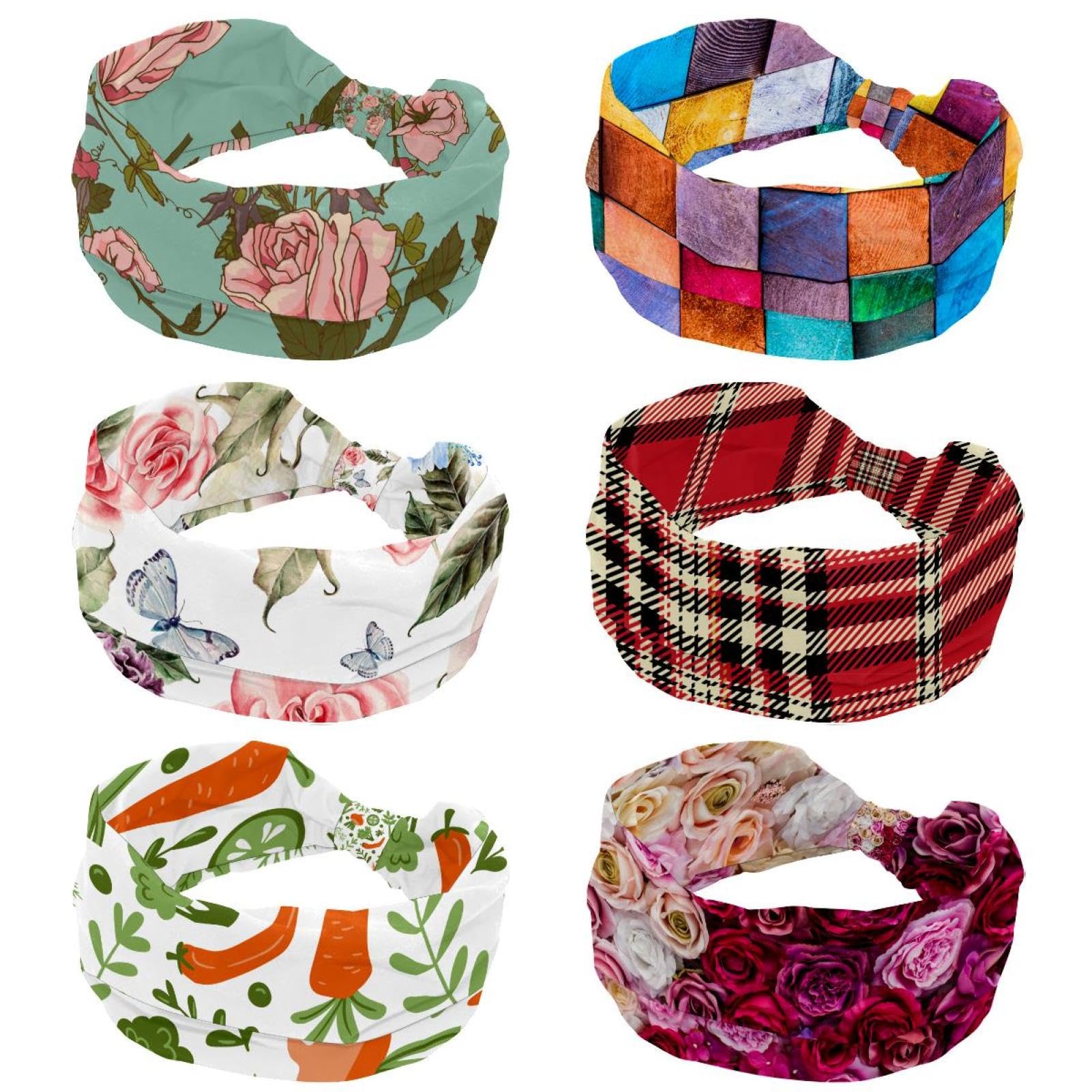 Lot de 6 bandeaux larges pour femme - Turban antidérapant - Motif floral vintage - Élastiques - Pour yoga, sueur, sport, entraînement