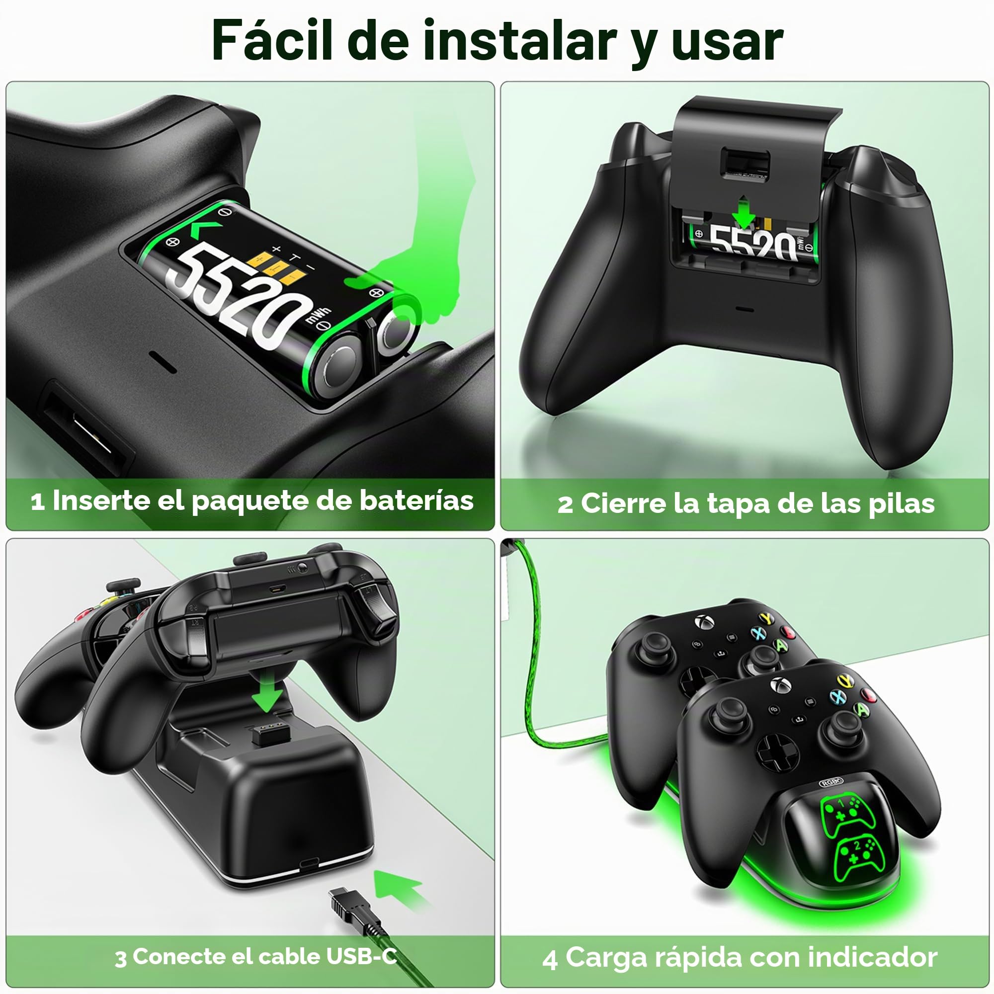 OIVO Cargador para Xbox con 2x5520mWh Baterías para Xbox Series/One X/S/Elite Mando, Base de Carga Mando X-Box con 2 Baterías Recargables y 4 Tapas de Batería para X-Box Series/One