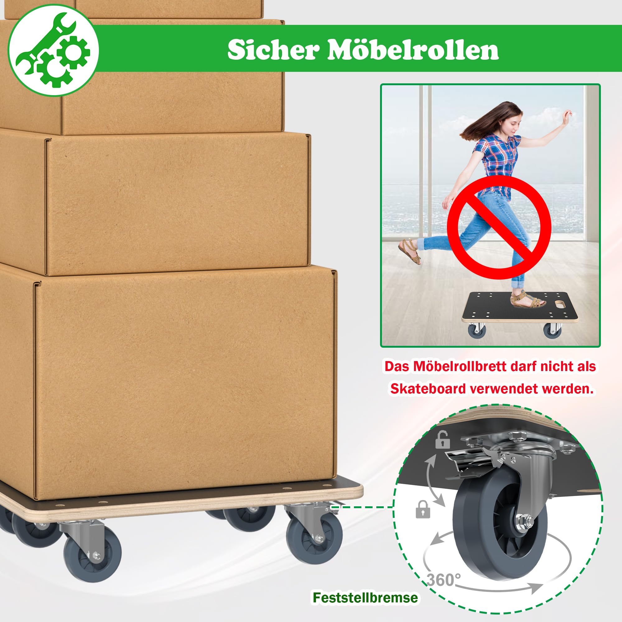SUBTLETY Carrito de transporte con 4 ruedas, 60 x 40 x 14,5 cm, con 2 frenos de estacionamiento, hasta 200 kg, para muebles y plantas (1 unidad)