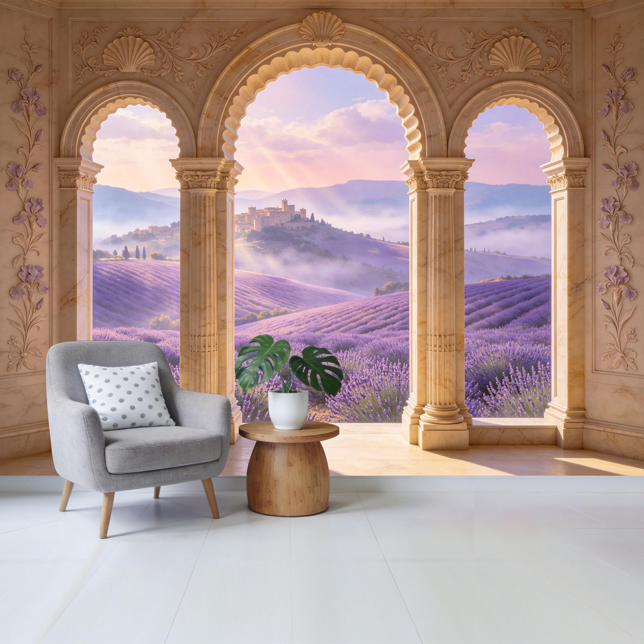 Removable Self Adhesive Fabric Mural， Neoclassical Marble Arch Lavender Field Custom Size Wall Covering， UV Protected Waterproof Washable Wall Decor for Living Room Bedroom Bathroom