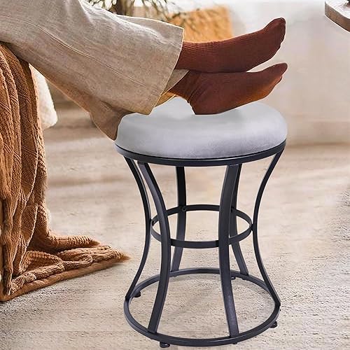Miniatura 2 de Taburete de tocador, taburetes grises para sala de maquillaje, taburete otomano redondo, reposapiés de terciopelo para baño, dormitorio, muebles de