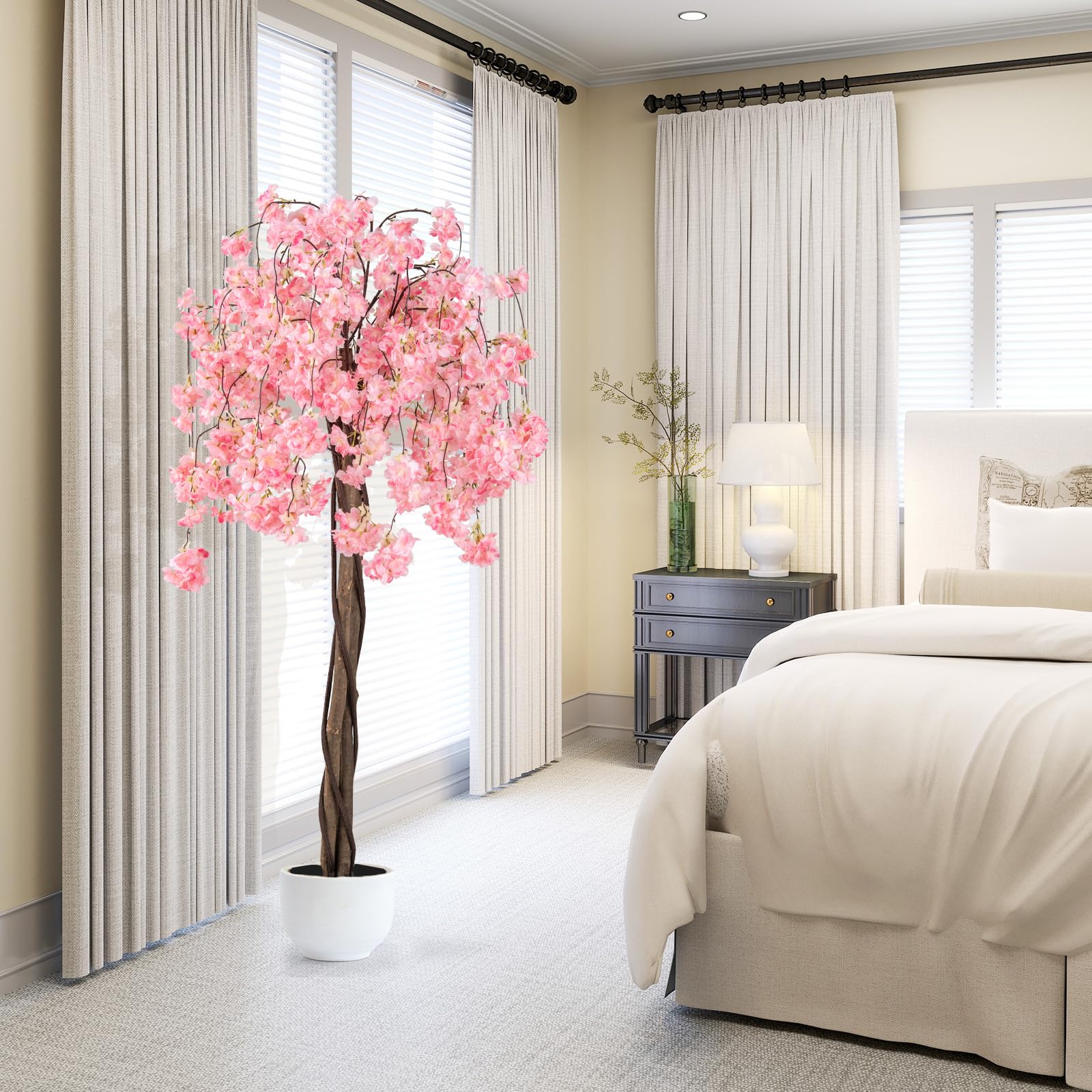 COSTWAY Cerisier Artificiel 163 CM avec Fleurs Roses et Blanches (Rose)