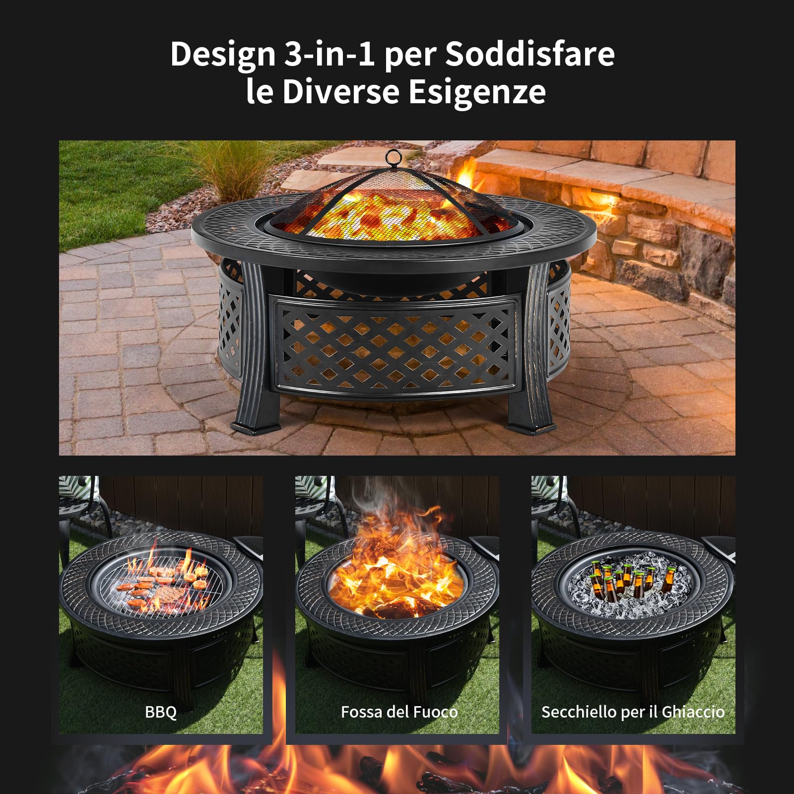 COSTWAY Braciere da Giardino, 3 in 1 Braciere da Esterno con Copertura Protettiva, Copertura Antipioggia e Attizzatoio, Diametro: 50 cm, per Campeggio, Cortile, Patio