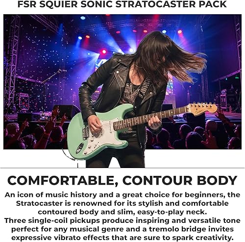 Miniatura 2 de Fender Squier Sonic Stratocaster - Paquete verde surf con amplificador Frontman de 0.35 onzas, bolsa de concierto, cable, correa, afinador, Fender