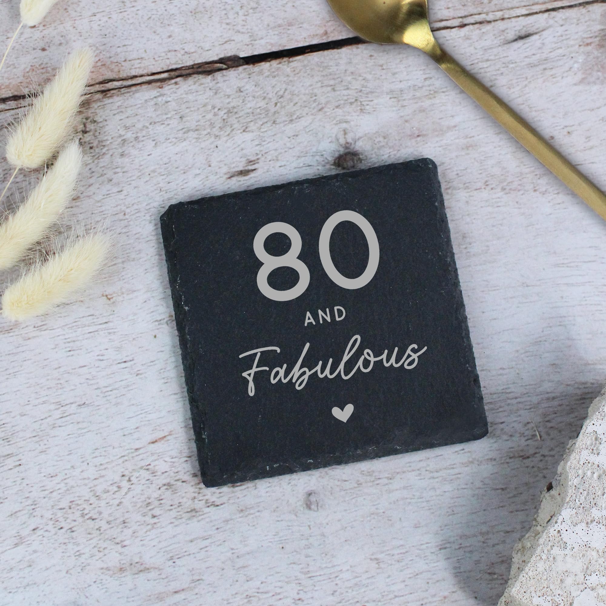 eBuyGB Laser Engraved Square Slate Coaster, 80 & Fabulous Milestone Birthday, 80th Birthday Gift for Her, Grandma, Mum, Auntie, Drinks Coaster