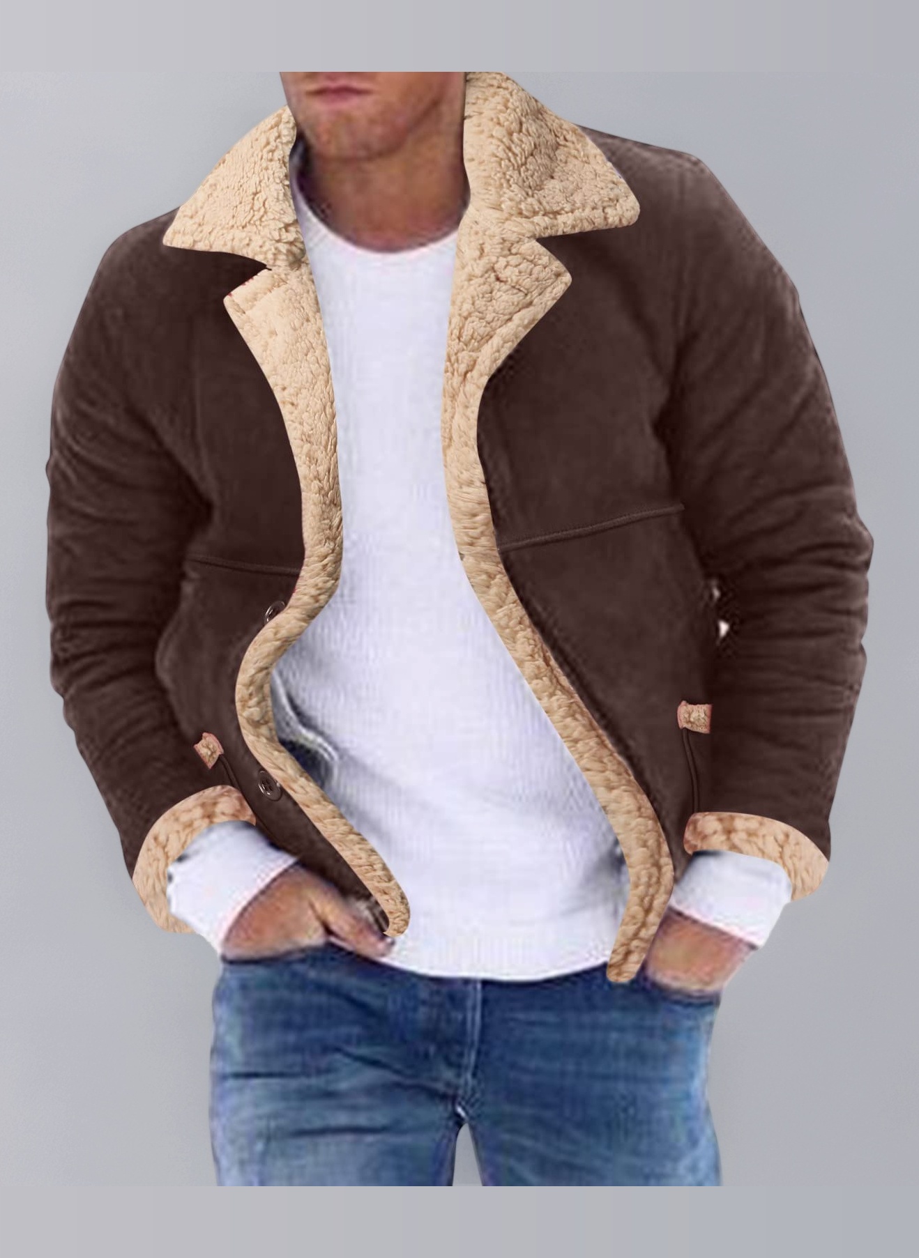 Cocila Jacket for Winter Men Lapel Collar Long Sleeve Padded Leather Vintage Thicken Coat Sheepskin Zipper Mens Lightweight Waterproof 4XL