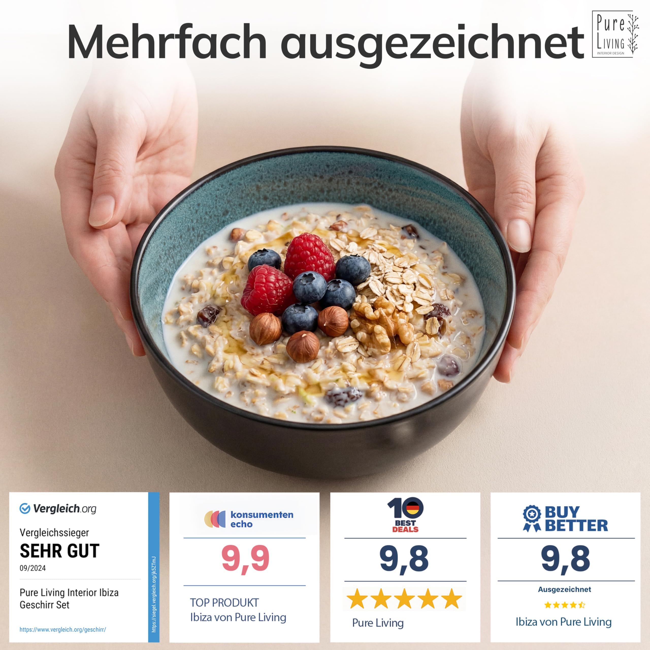 Zestaw 6 misek kamionkowych do musli Ibiza – do zmywarki i kuchenki mikrofalowej, odporny na zarysowania, stylowy zestaw małych misek Petrol, Pure Living Cereal