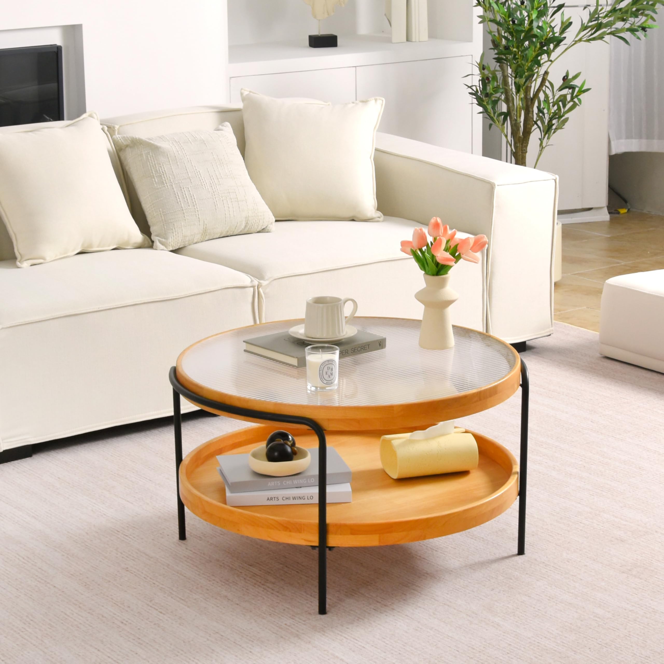 Couchtisch Rund Holz, 2-Tier Coffee Table aus Glas, Ø76x45cm