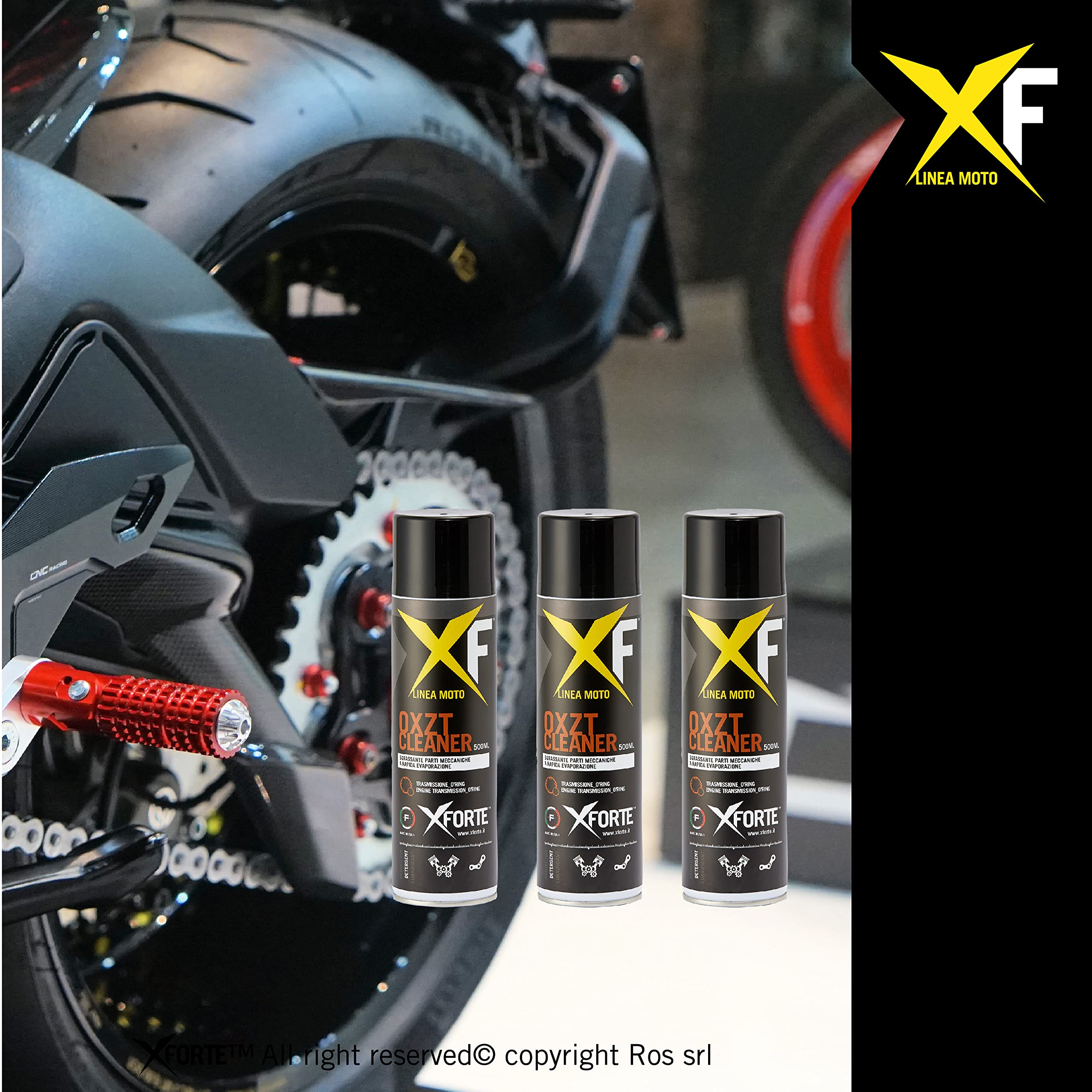 XFORTE OXZT Cleaner 500 ml: Pulizia Profonda e Veloce per Catene Moto e Componenti O-Ring Sgrassante Catena Moto Alta Pressione. (Kit, 3)