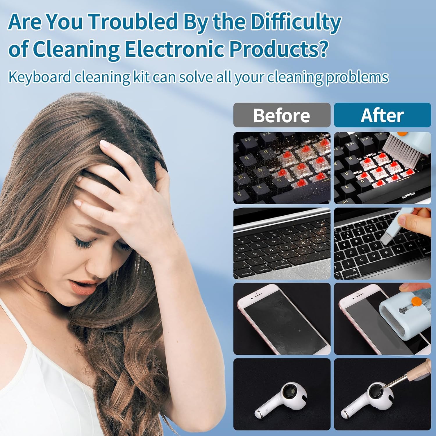 Keyboard Cleaner Laptop Cleaning Kit - 12 in 1 Computer Tech Cleaning Brush, Electronic Screen Cleaner with Multi-Function Cleaning Pen for MacBook, Tablet, iPhone, Earbuds, Camera, Lens Blue image 5 of 9 B0DG5DC23C