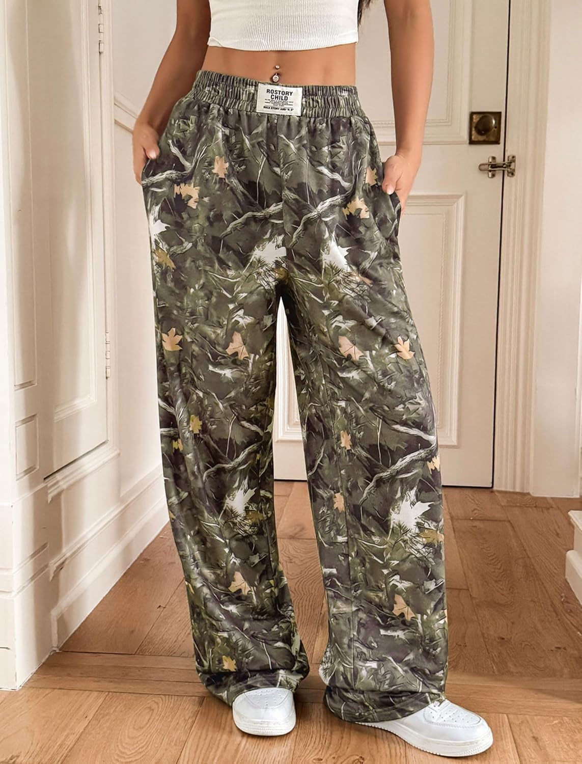 ZAFUL Women's Camo Sweatpants Y2K Elastic High Waisted Wide Leg Casual Straight Cargo Pants Joggers with Patch Detail - Image 2