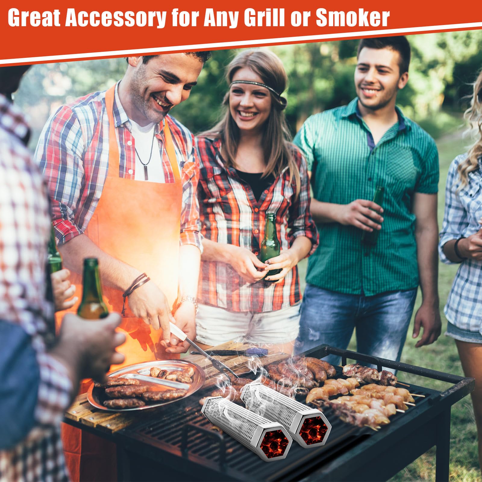 Paquete de 6 tubos de ahumador de pellets de 12 pulgadas para parrilla de pellets de acero inoxidable para ahumar en caliente o frío con 3 cepillos portátiles para barbacoa a gas 6