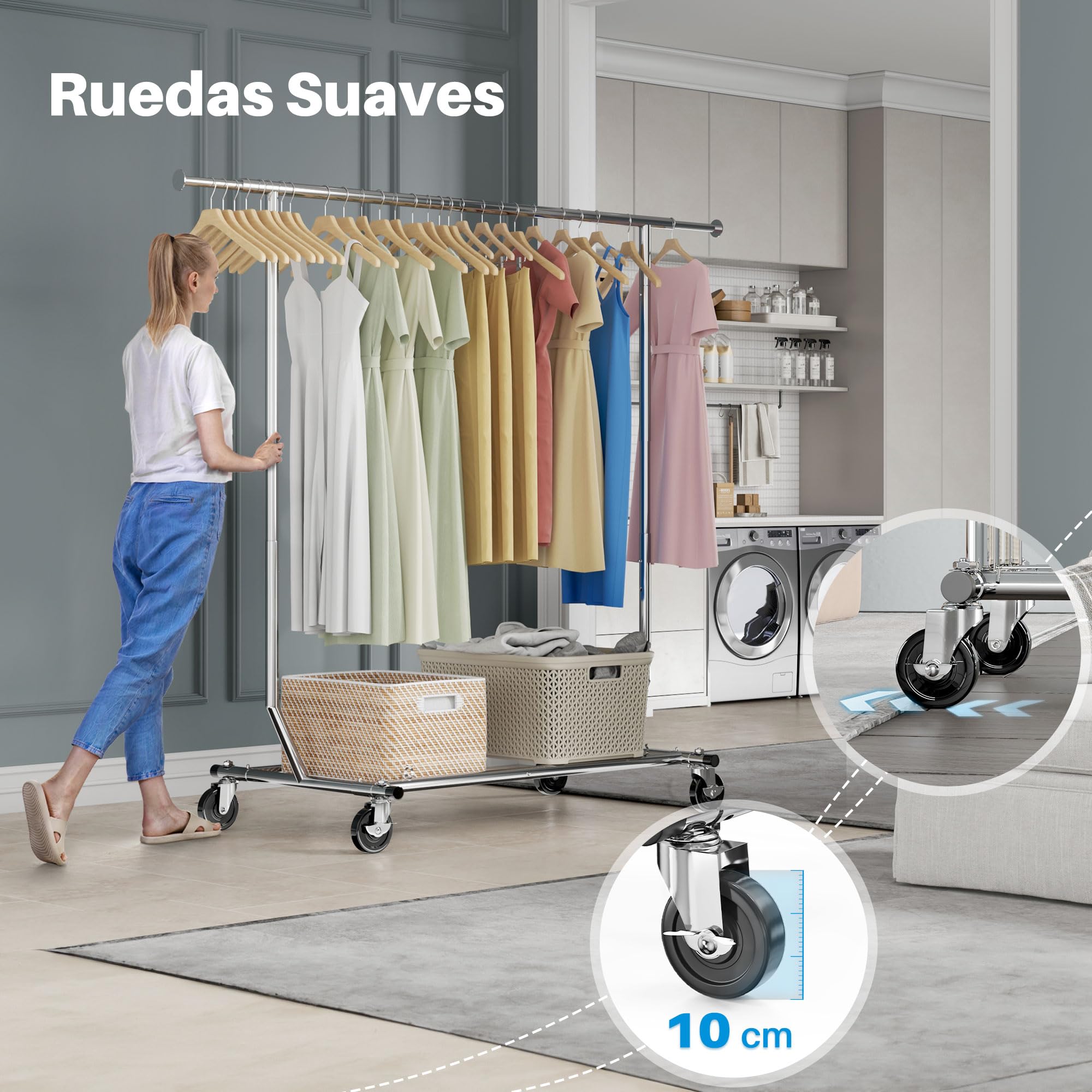 HOKEEPER Burro de Ropa Resistente 136kg, Barra Extensible con Ruedas Bloqueables, Ahorra Espacio para Dormitorio, Apartamento, Lavandería