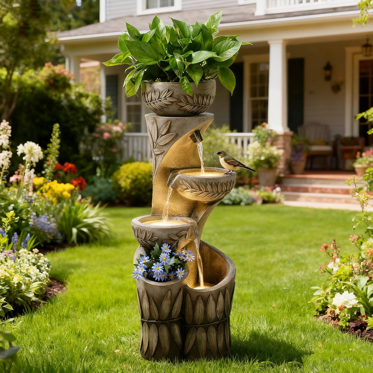 35.6" H Outdoor Water Fountain - Relief Leaf Design 4 Tiers Modern Cascading Bowls and Garden Fountains with Lights for Patio, Deck, Porch, Lawns, Backyard and Home Art Decor
