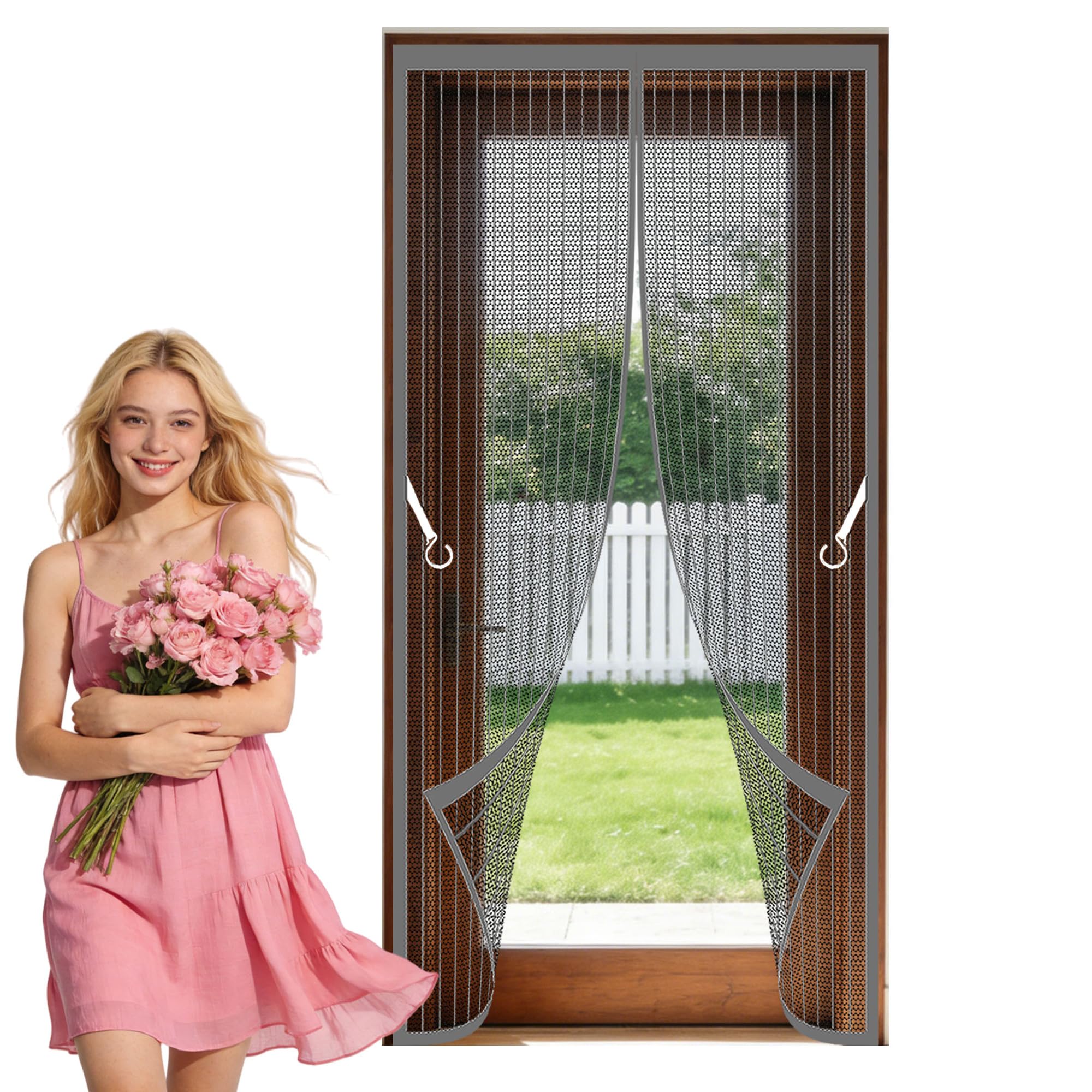 Magnet Fly Screen Door 80 x 242 cm with Magnetic Closure Mosquito Double Door Shuts Automatically Easy to Install Without Drilling Suitable for Patio Room Balcony Bedroom, Grey