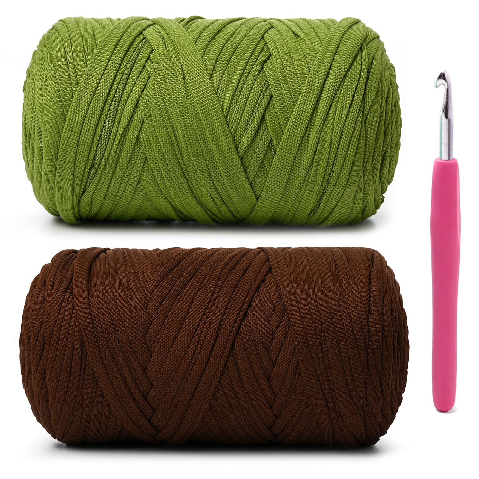 2 Pack Soft Tshirt Crochet Yarn, 800g/228yds High Elastic Hand Knitting Yarns, Thick T Shirt Yarn for Crocheting Bags, Baskets, Cushions, DIY Crafts(Lime Green + Coffee
