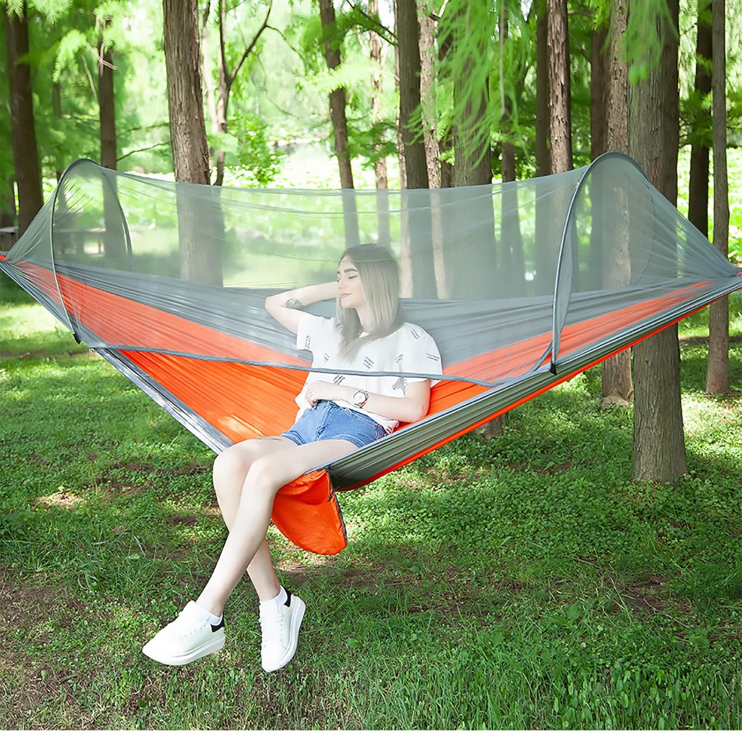 LFL Portable Camping Hammock with Mosquito Net 1-2 Person Outdoor Swing Hammock Nylon Parachute Material Outside Quick Opening