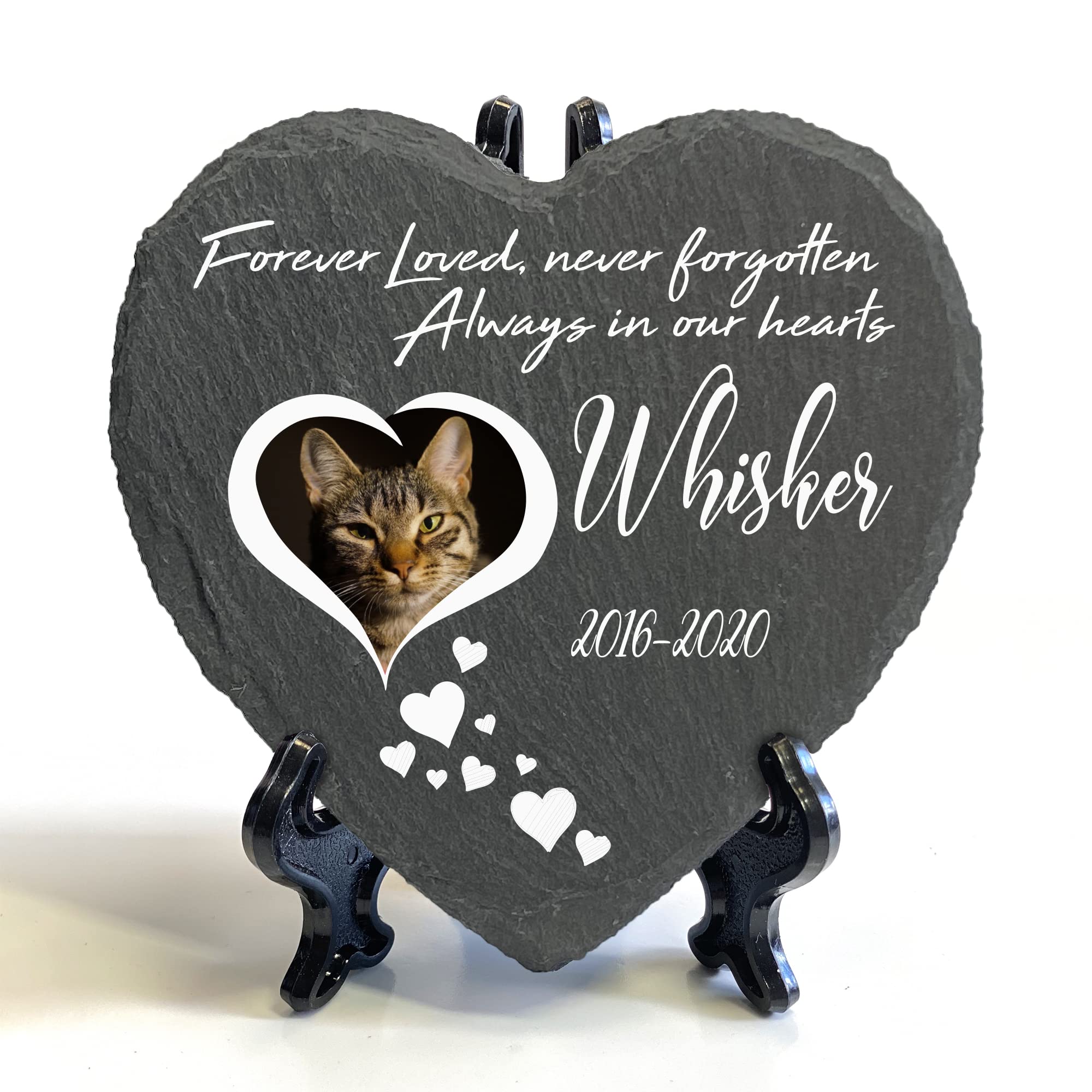 TULLUN Personalised Memorial Heart Shape Plaque + Black Stand For Pet Cat Dog Slate Stone Rock Frame Paw Grave Marker - Hearts&heart - Size | 4" x 4" or 10 x 10 cm |